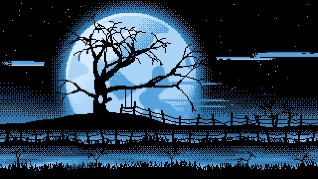 Light Blue Pixel Art Spooky Tree and Full Moon desktop wallpaper in 4K