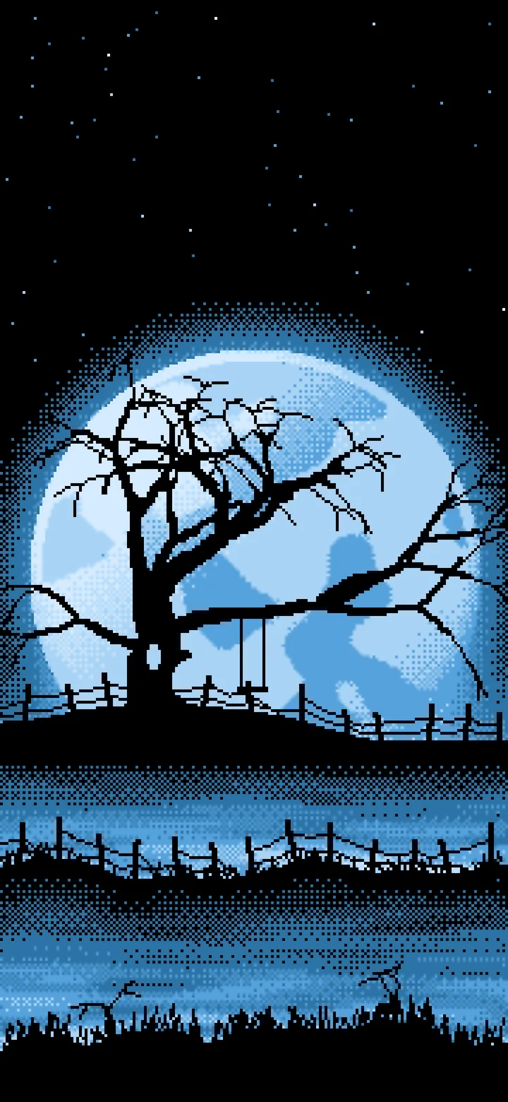 Light Blue Pixel Art Spooky Tree and Full Moon wallpaper for iPhone and Android