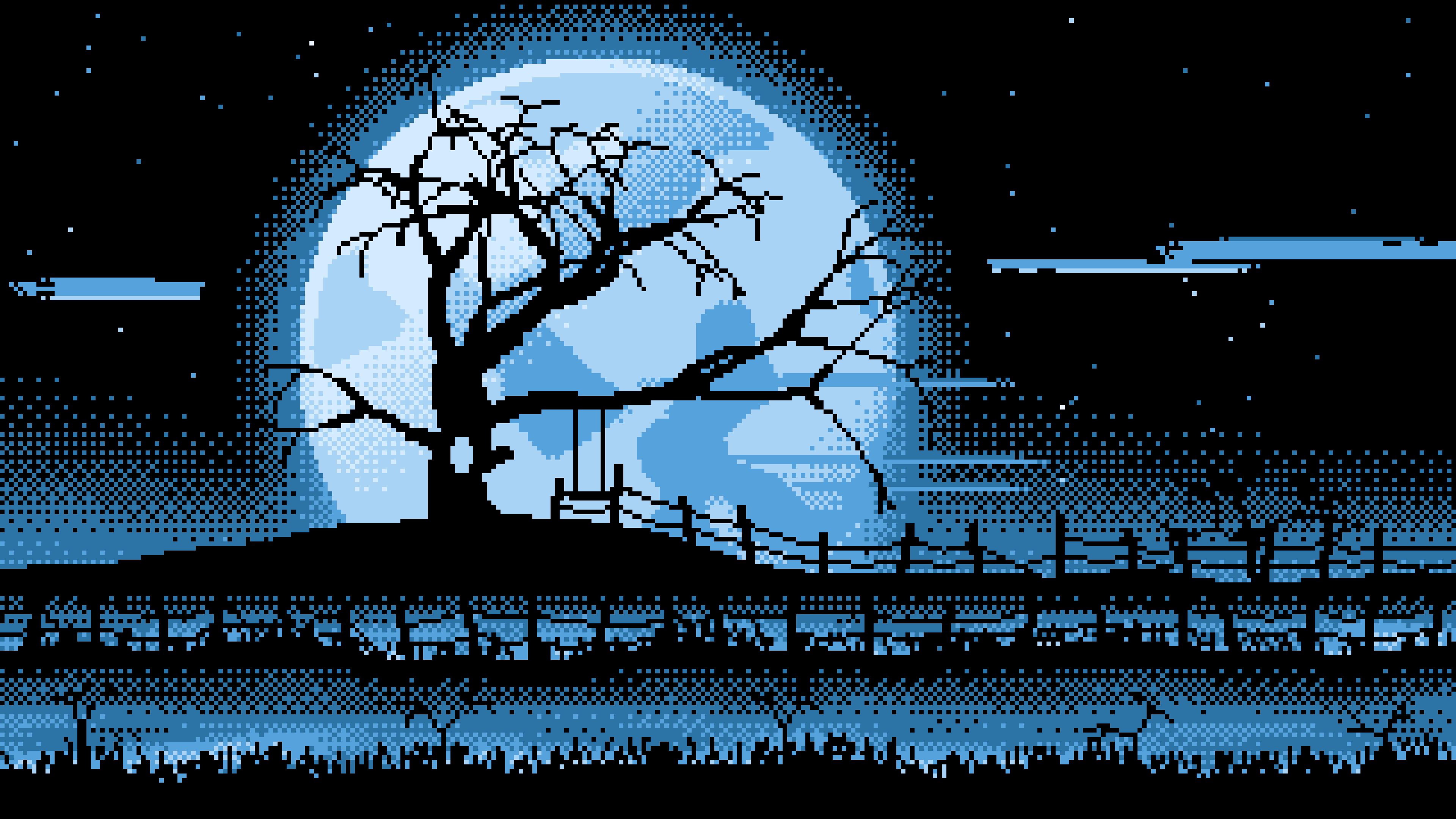 Light Blue Pixel Art Spooky Tree and Full Moon desktop wallpaper in 4K