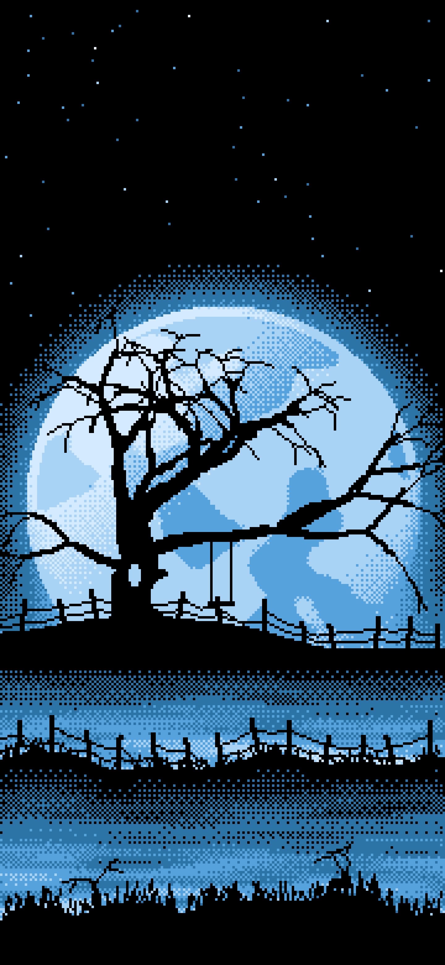 Light Blue Pixel Art Spooky Tree and Full Moon wallpaper for iPhone and Android
