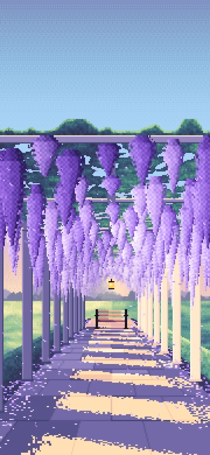 Light Blue Pixel Art Spring Wisteria Pergola wallpaper for iPhone and Android