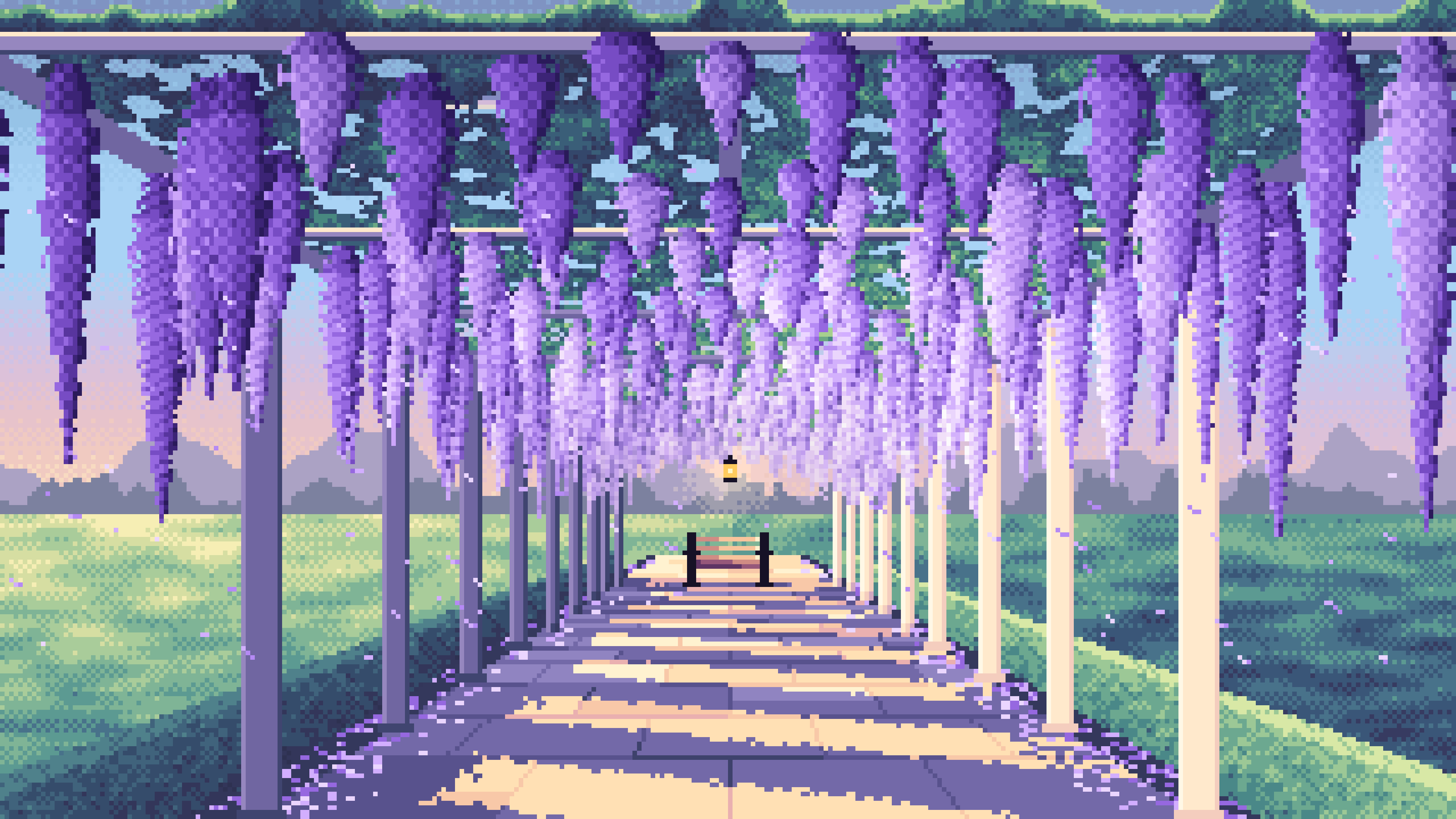 Light Blue Pixel Art Spring Wisteria Pergola desktop wallpaper in 4K