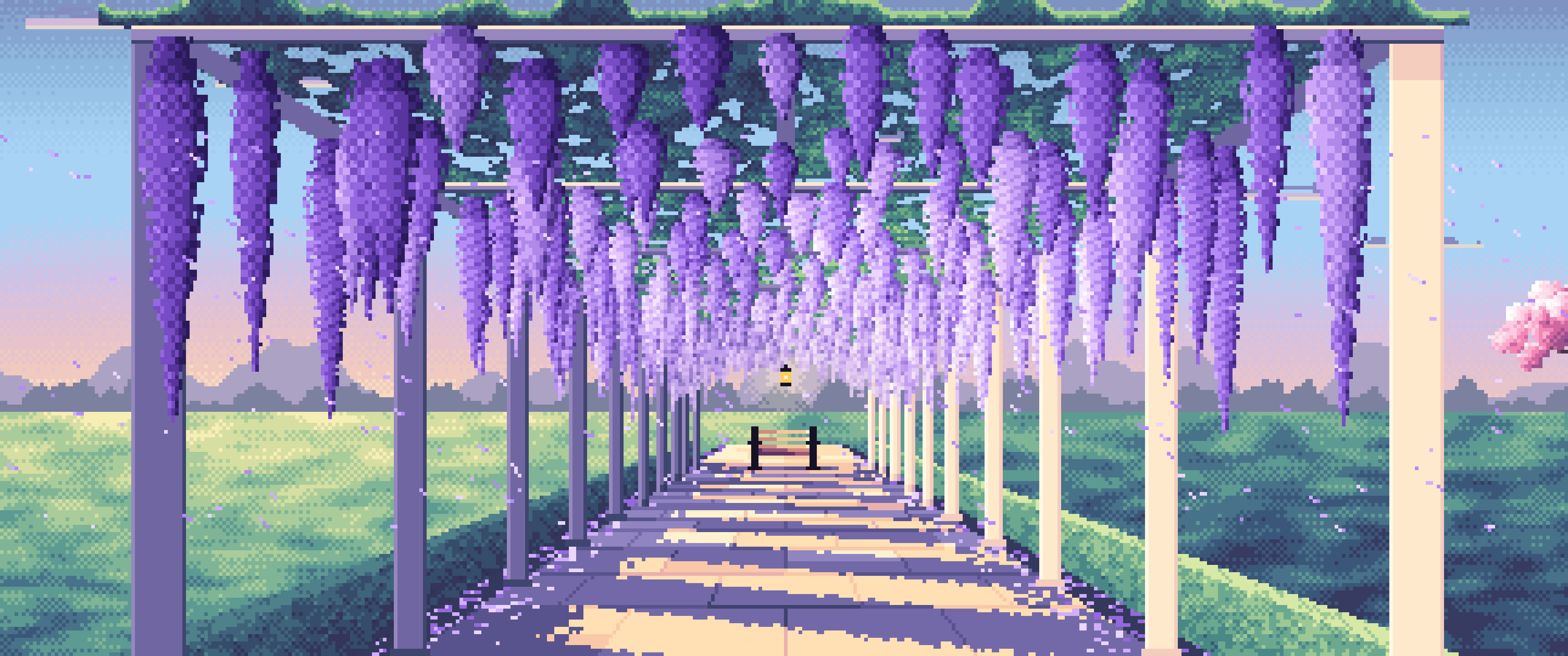 Light Blue Pixel Art Spring Wisteria Pergola ultrawide wallpaper, 3440 × 1440