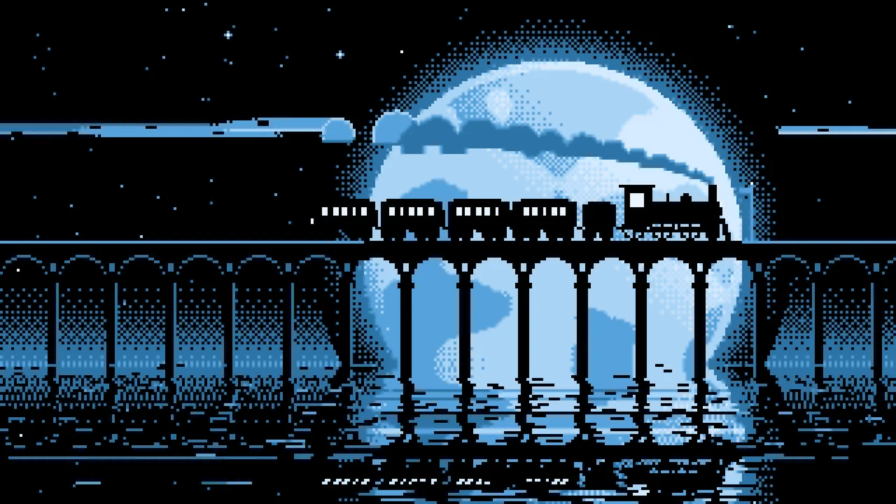 Light Blue Pixel Art Steam Train and Full Moon desktop wallpaper in 4K