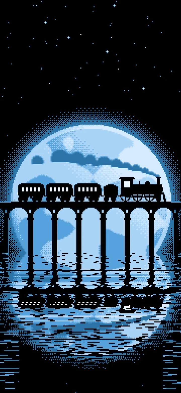 Light Blue Pixel Art Steam Train and Full Moon wallpaper for iPhone and Android