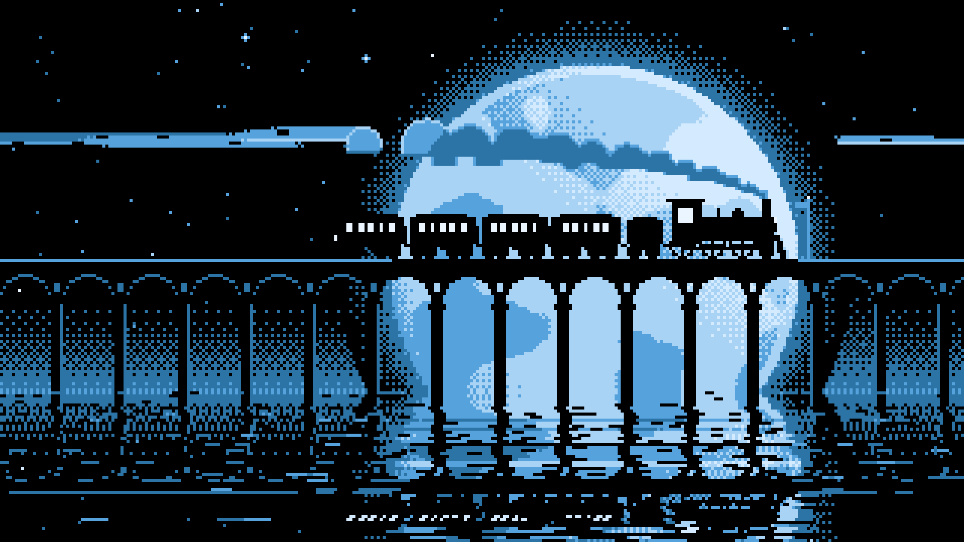 Light Blue Pixel Art Steam Train and Full Moon desktop wallpaper in 4K