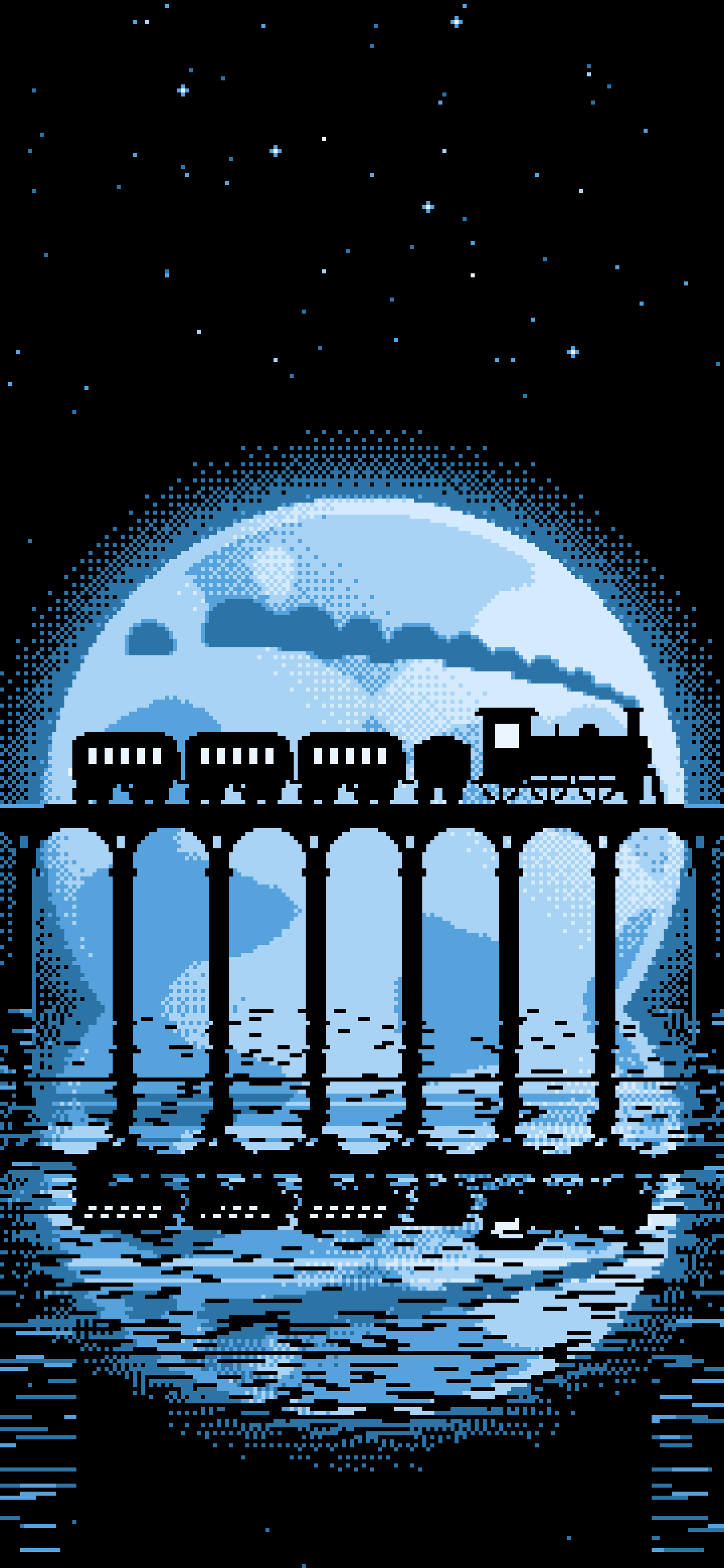 Light Blue Pixel Art Steam Train and Full Moon wallpaper for iPhone and Android