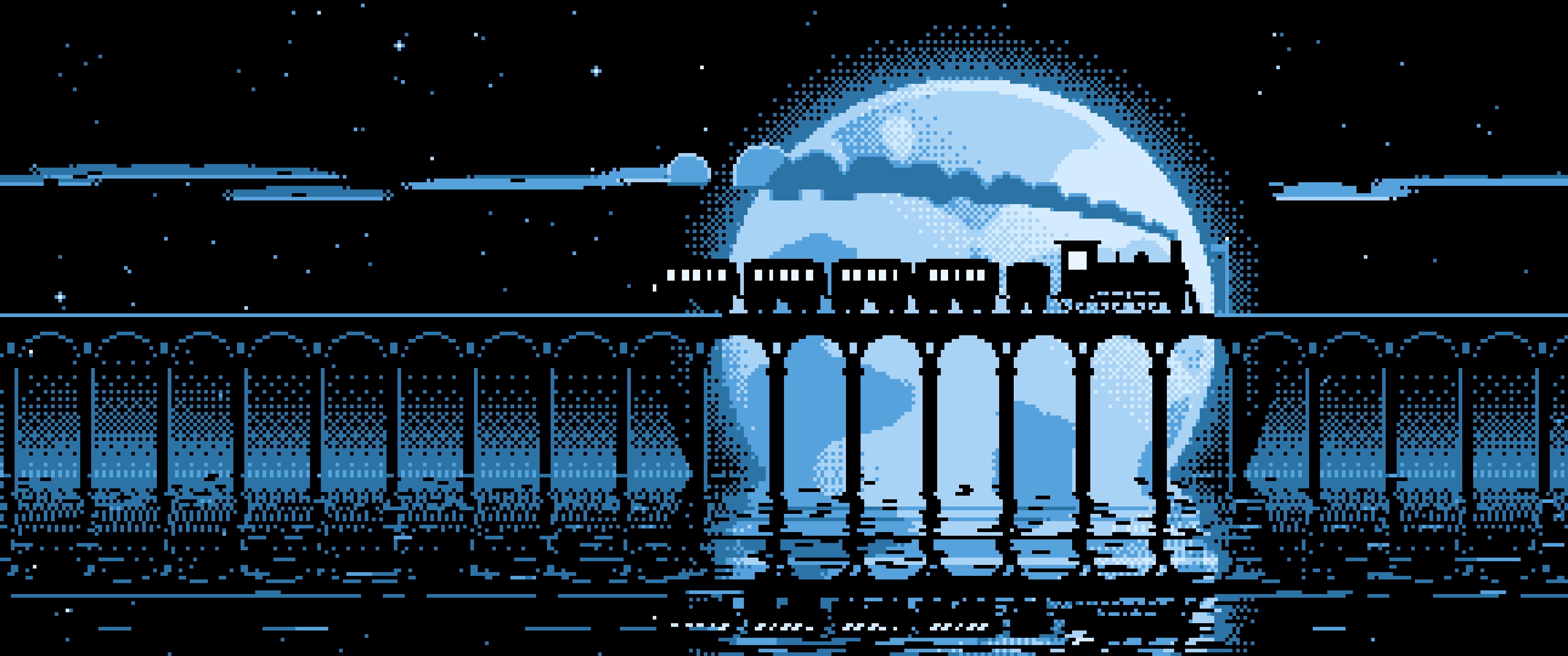 Light Blue Pixel Art Steam Train and Full Moon ultrawide wallpaper, 3440 × 1440
