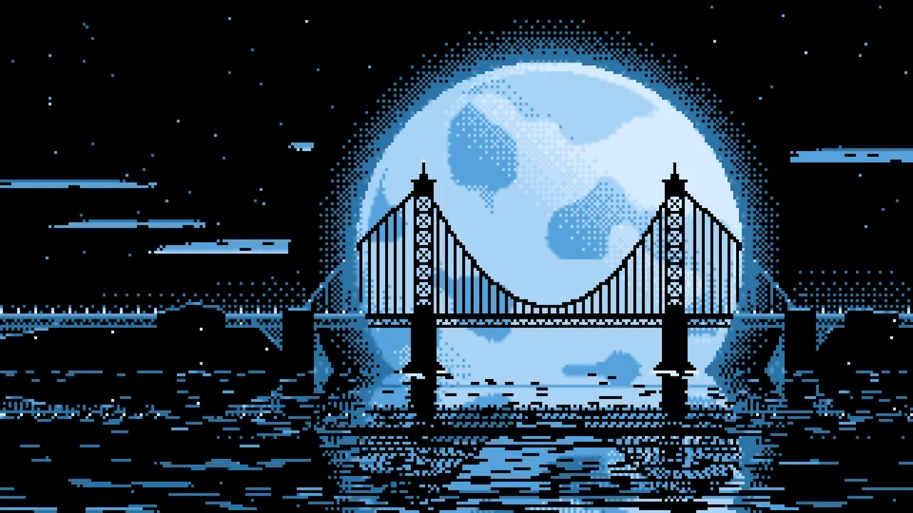 Light Blue Pixel Art Suspension Bridge and Full Moon desktop wallpaper in 4K