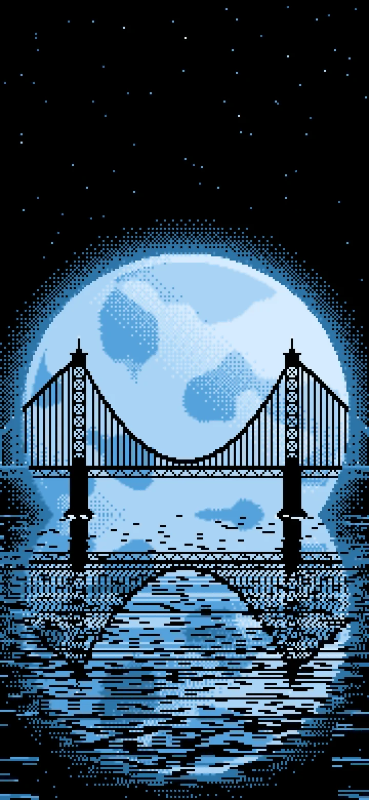 Light Blue Pixel Art Suspension Bridge and Full Moon wallpaper for iPhone and Android