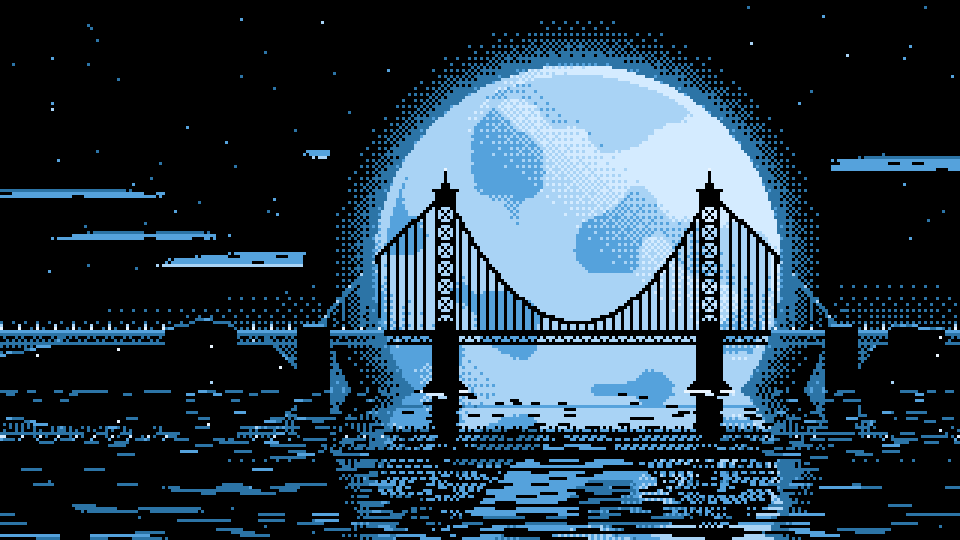 Light Blue Pixel Art Suspension Bridge and Full Moon desktop wallpaper in 4K