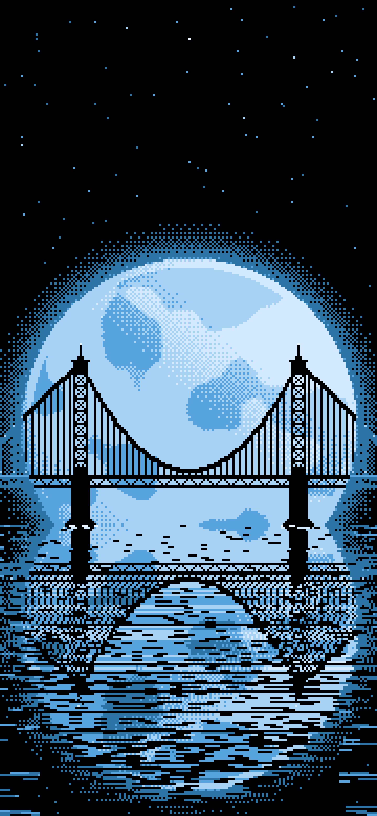 Light Blue Pixel Art Suspension Bridge and Full Moon wallpaper for iPhone and Android