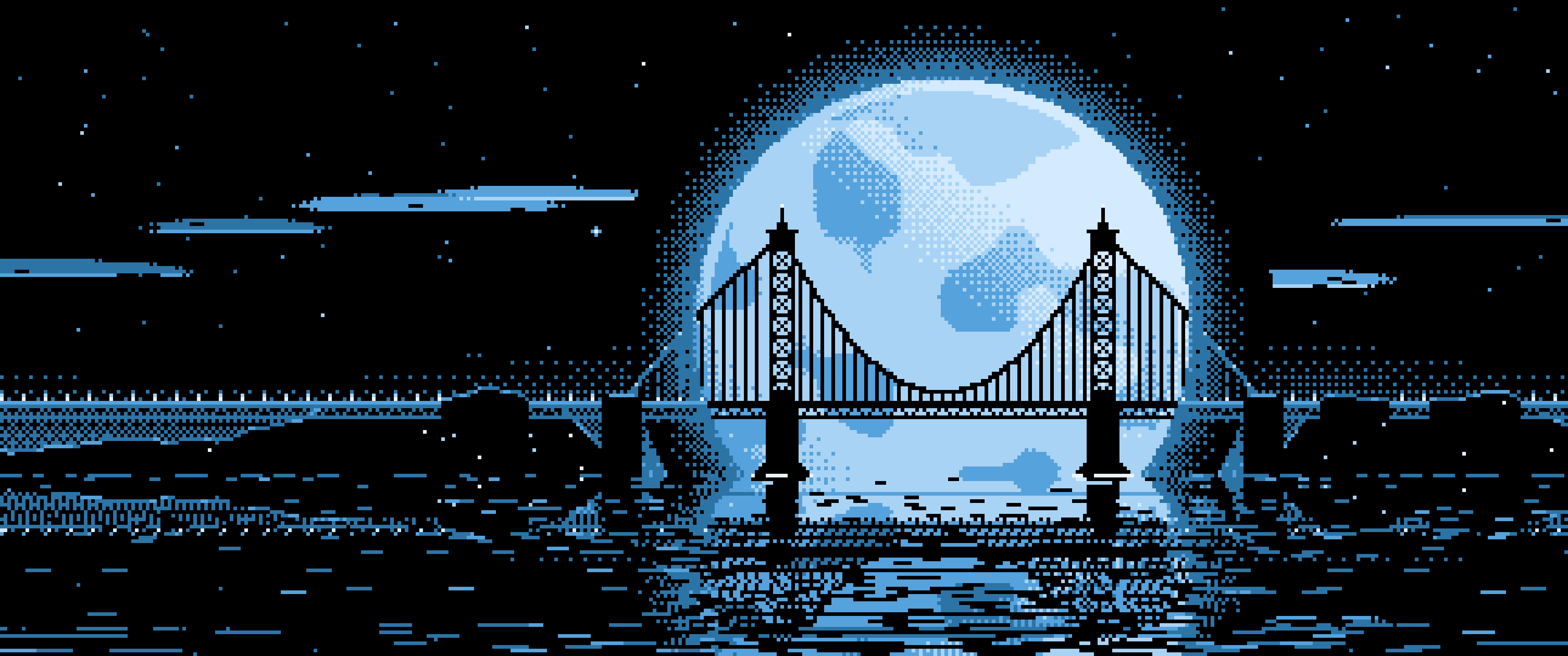 Light Blue Pixel Art Suspension Bridge and Full Moon ultrawide wallpaper, 3440 × 1440