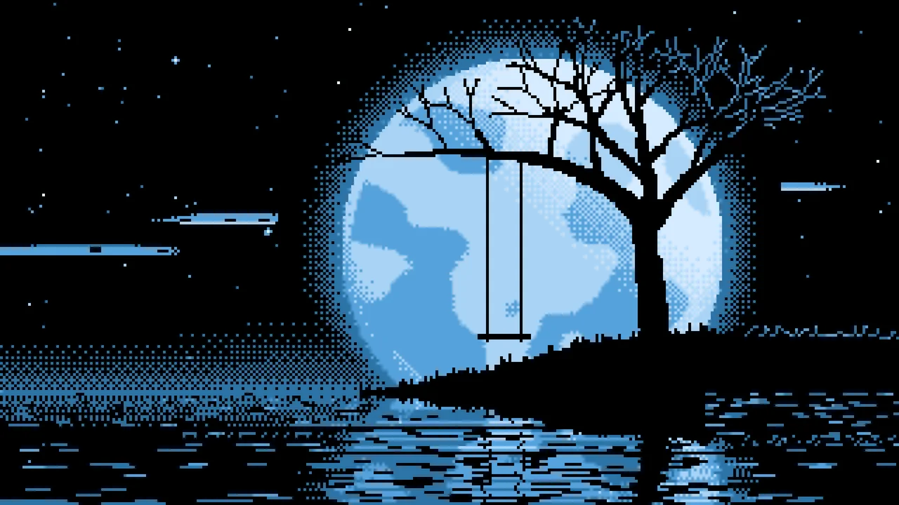 Light Blue Pixel Art Tree Swing and Full Moon desktop wallpaper in 4K
