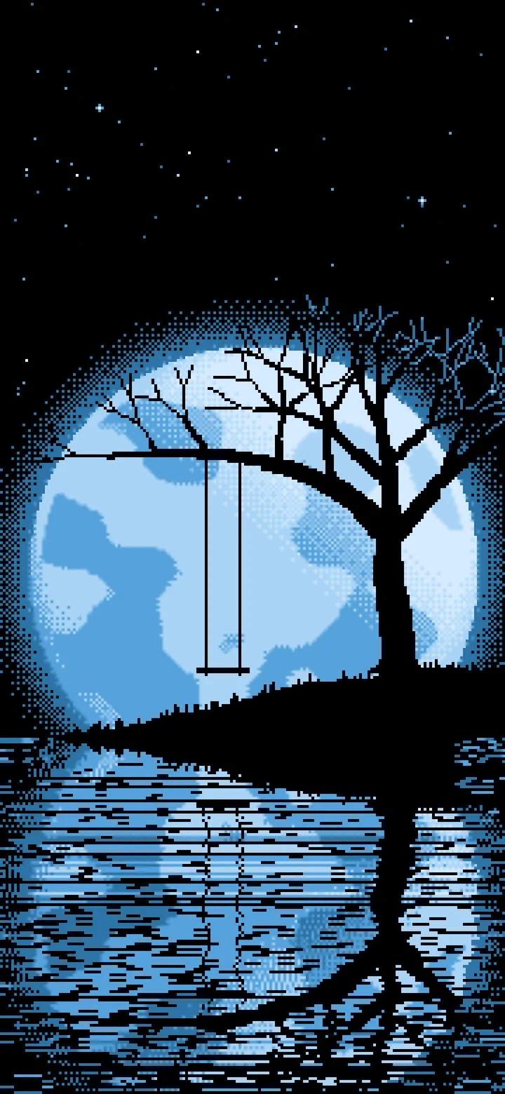 Light Blue Pixel Art Tree Swing and Full Moon wallpaper for iPhone and Android
