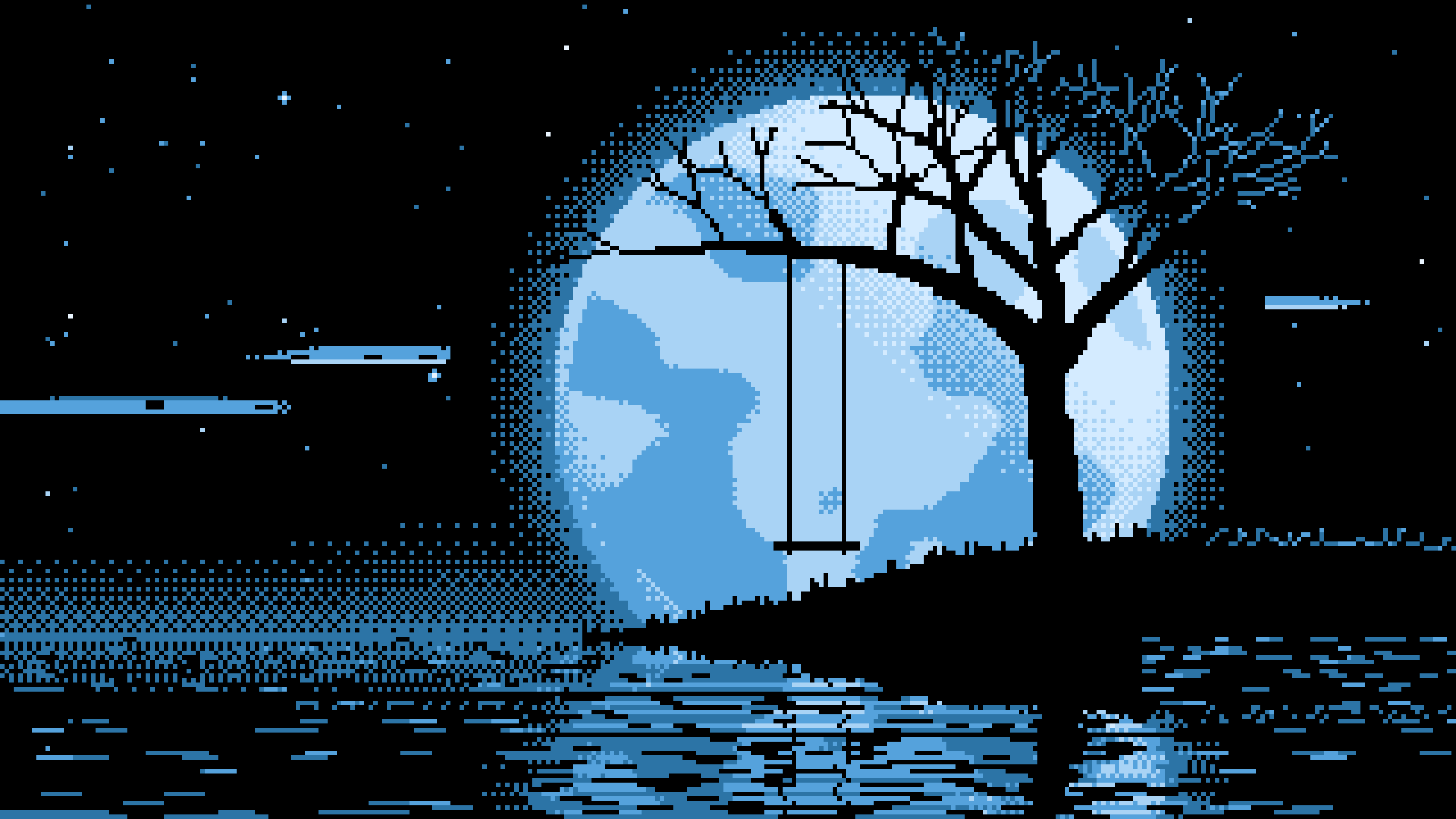 Light Blue Pixel Art Tree Swing and Full Moon desktop wallpaper in 4K