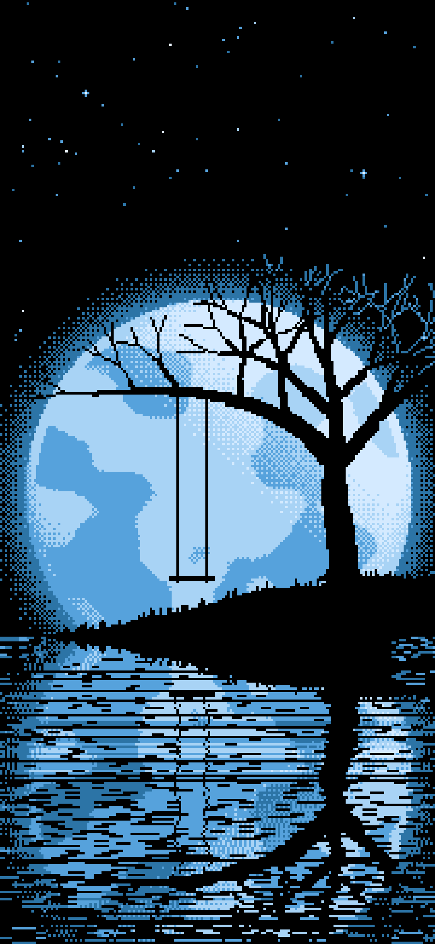 Light Blue Pixel Art Tree Swing and Full Moon wallpaper for iPhone and Android