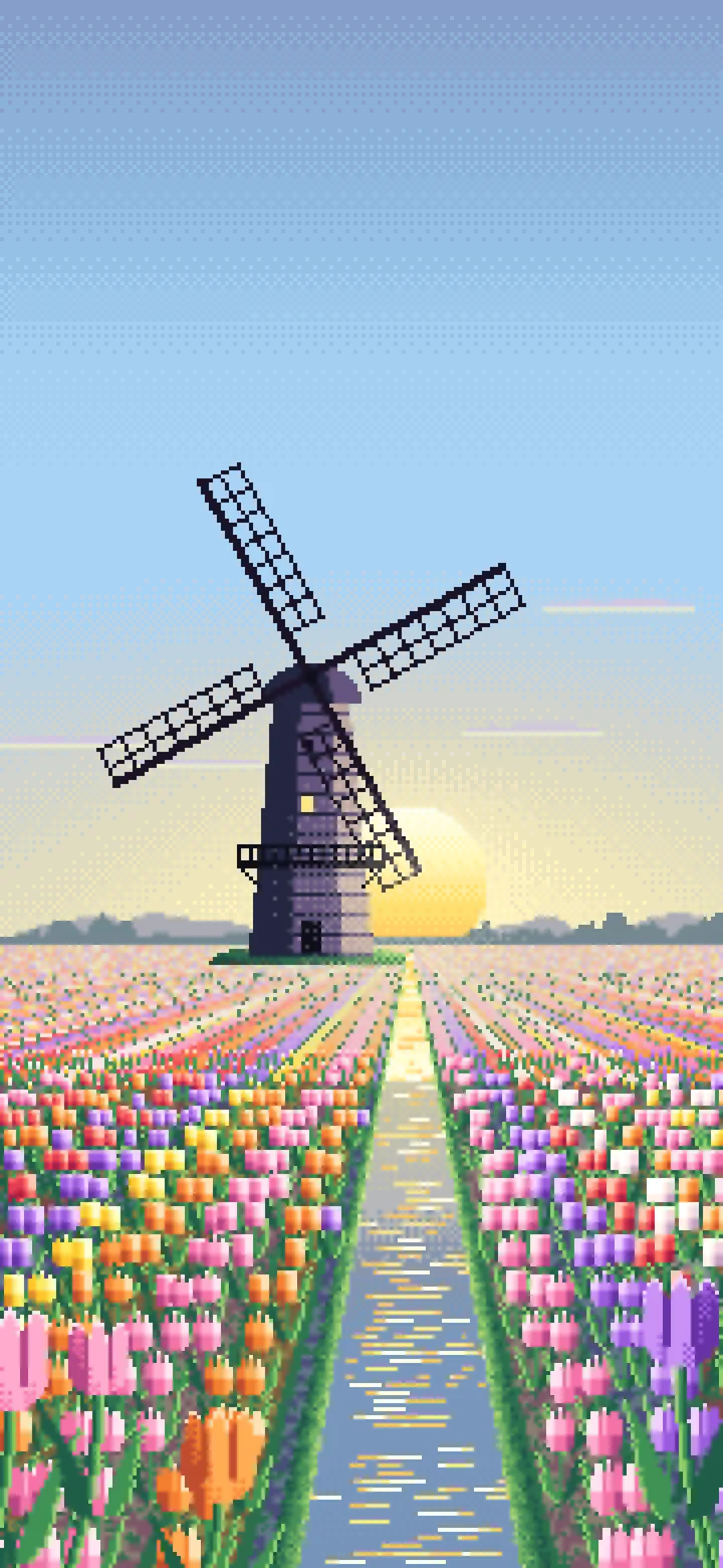 Light Blue Pixel Art Tulip Fields and Windmill at Sunrise wallpaper for iPhone and Android