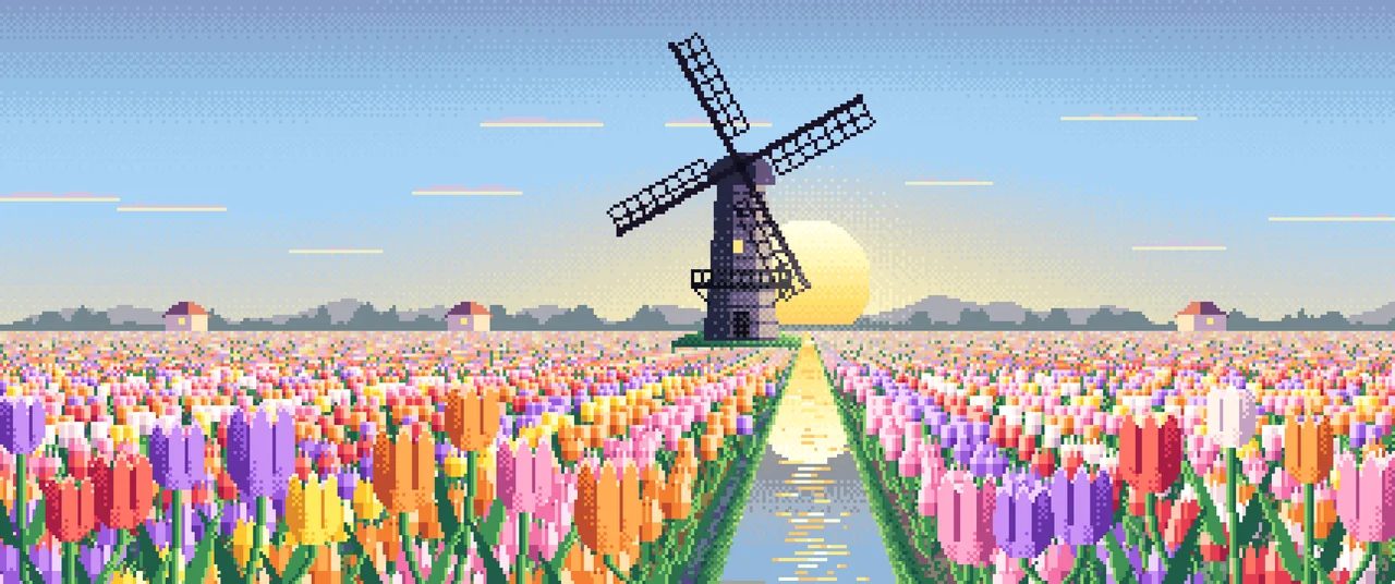 Light Blue Pixel Art Tulip Fields and Windmill at Sunrise ultrawide wallpaper, 3440 × 1440