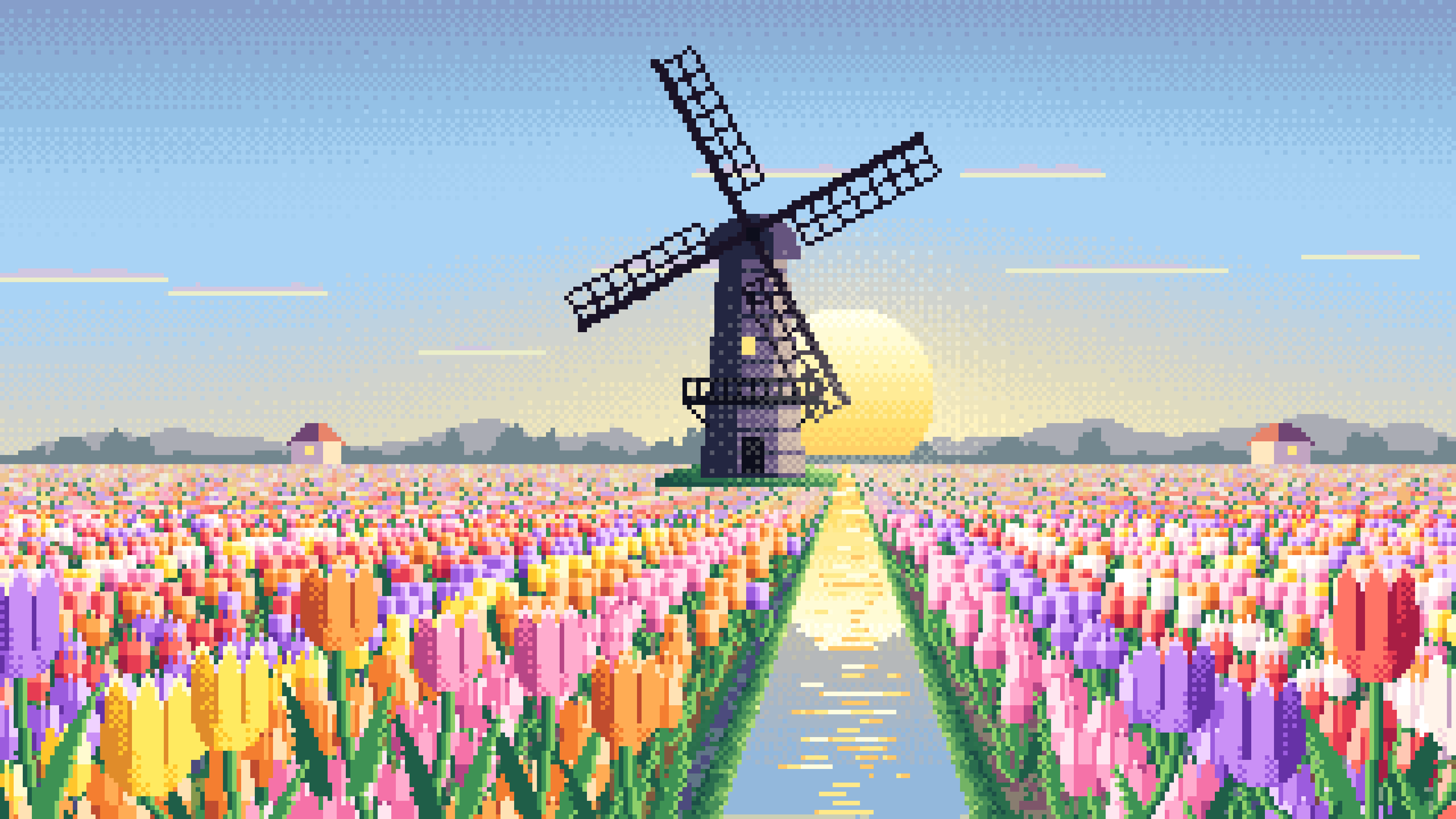 Light Blue Pixel Art Tulip Fields and Windmill at Sunrise desktop wallpaper in 4K