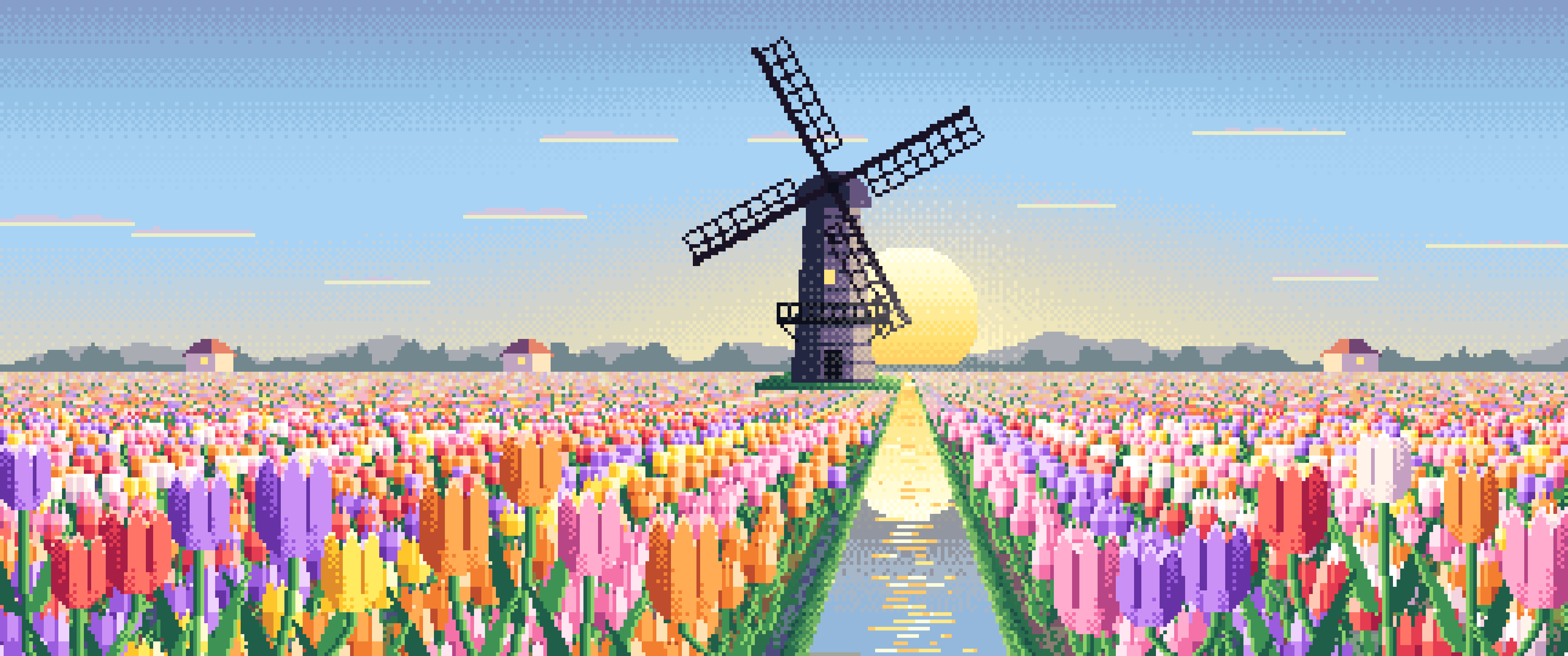 Light Blue Pixel Art Tulip Fields and Windmill at Sunrise ultrawide wallpaper, 3440 × 1440