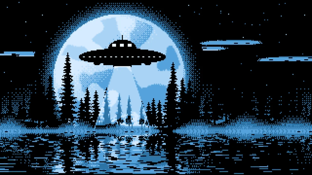 Light Blue Pixel Art UFO and Full Moon desktop wallpaper in 4K