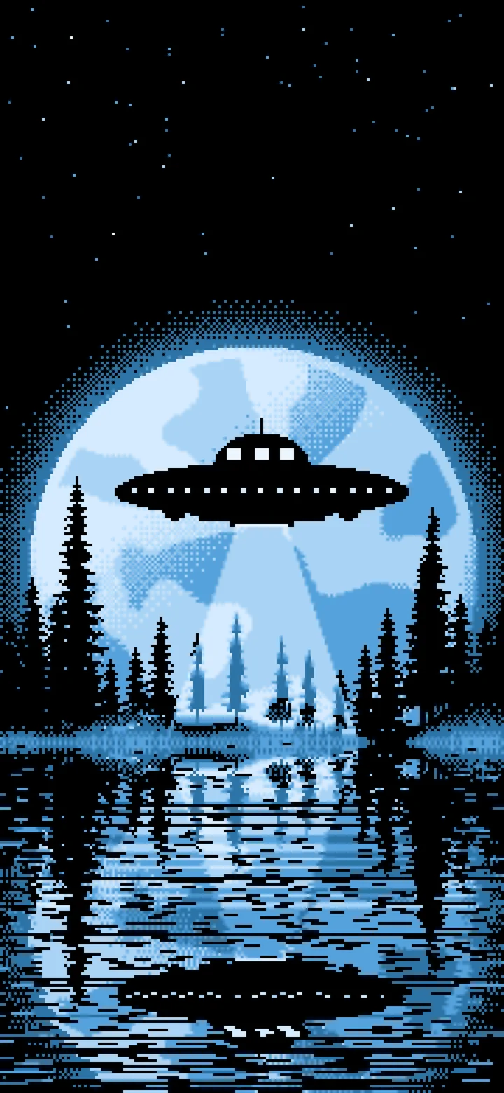 Light Blue Pixel Art UFO and Full Moon wallpaper for iPhone and Android