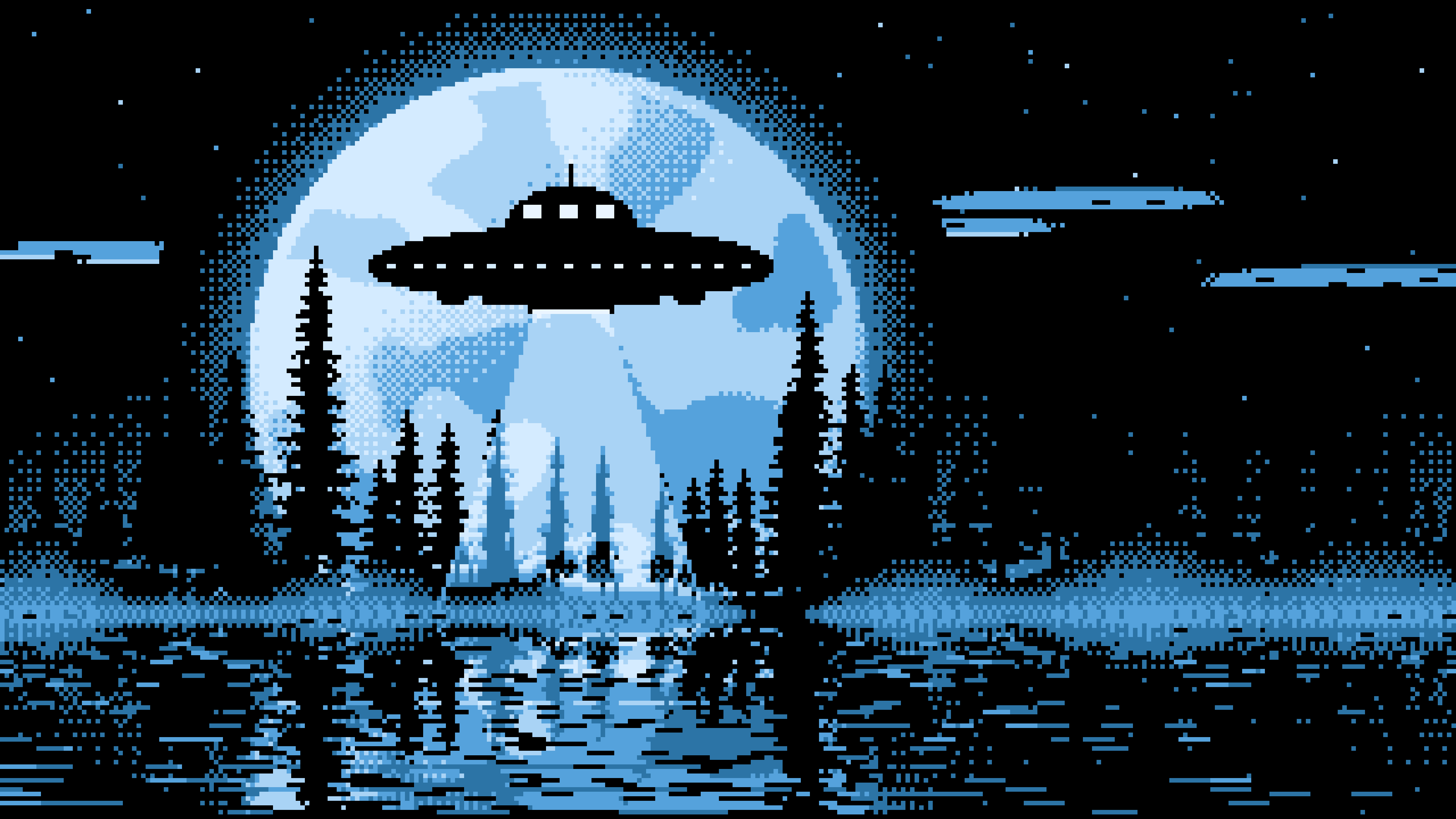 Light Blue Pixel Art UFO and Full Moon desktop wallpaper in 4K