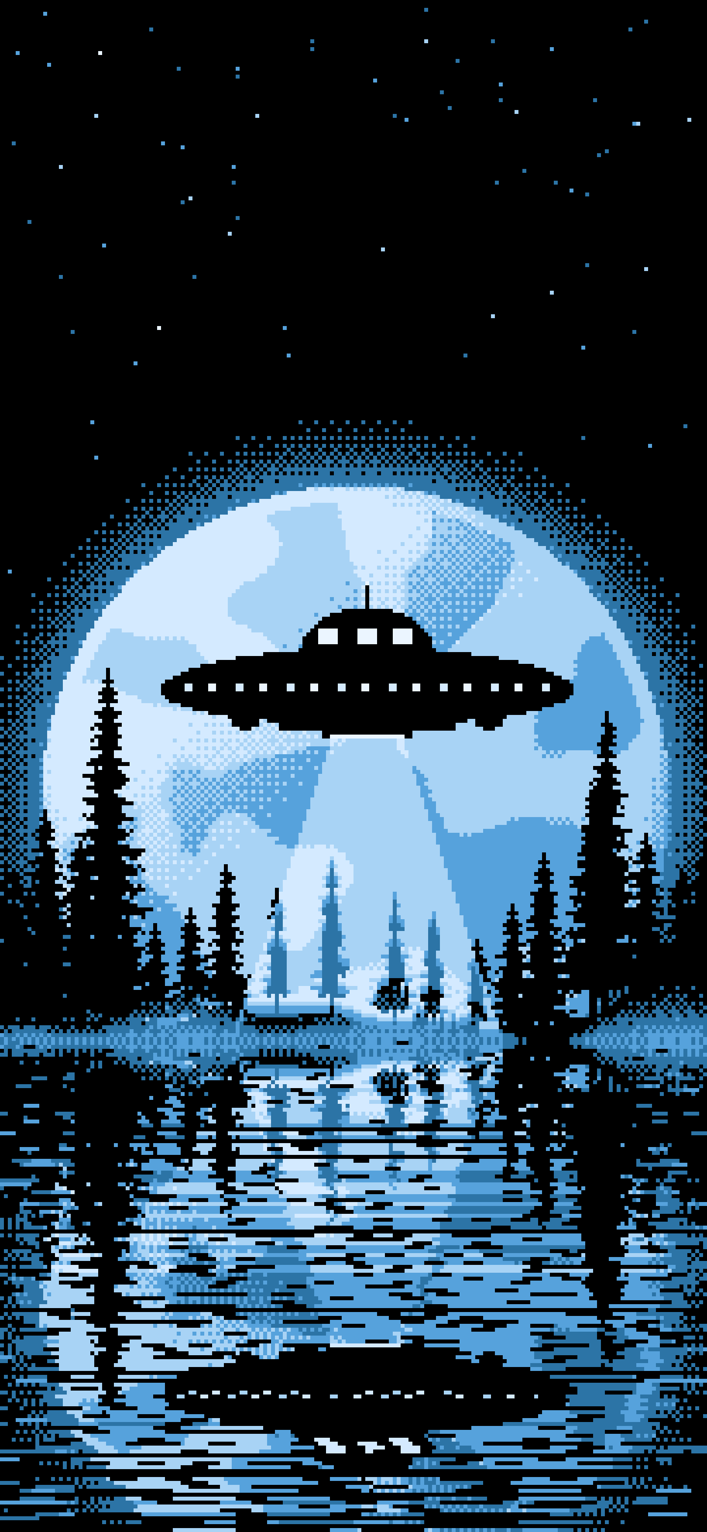 Light Blue Pixel Art UFO and Full Moon wallpaper for iPhone and Android