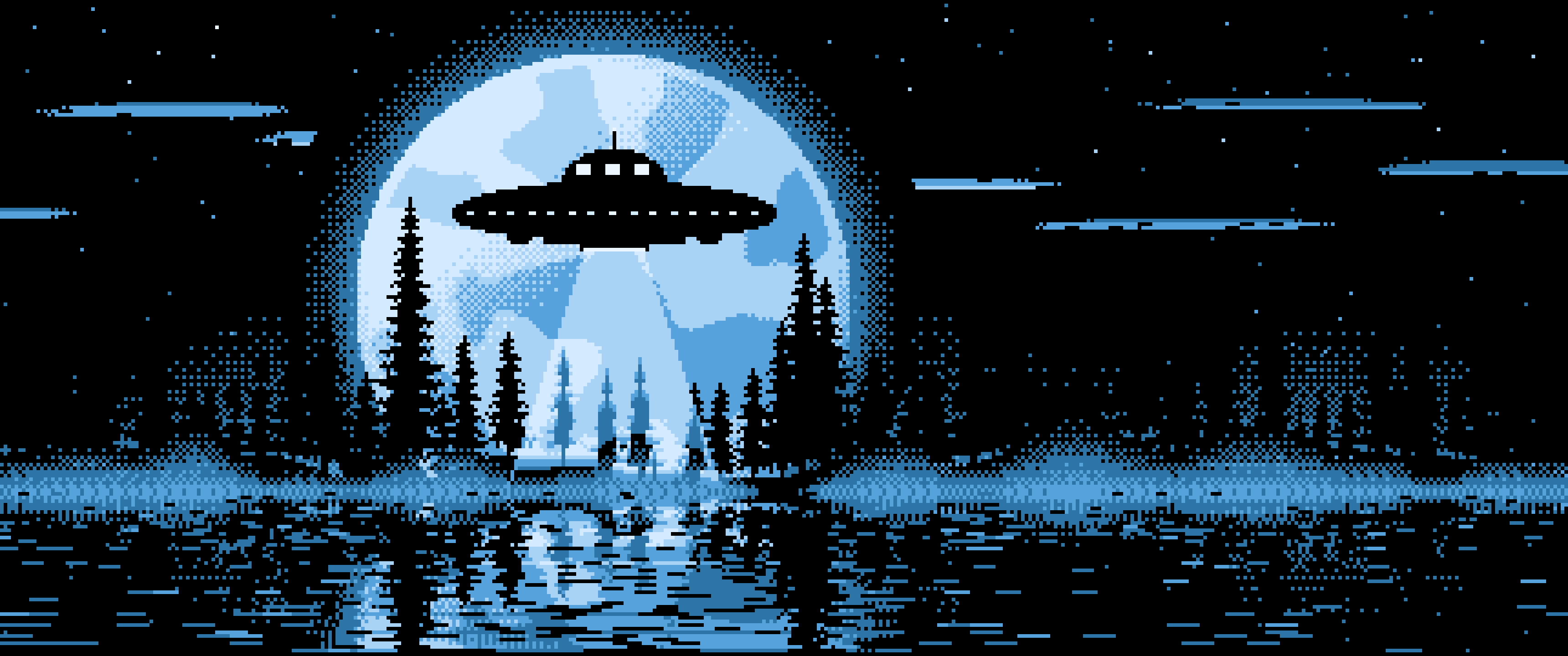 Light Blue Pixel Art UFO and Full Moon ultrawide wallpaper, 3440 × 1440