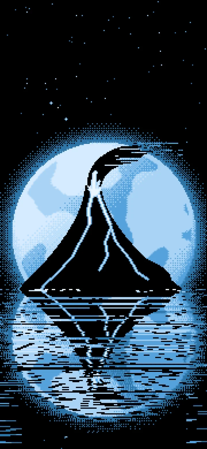 Light Blue Pixel Art Volcano and Full Moon wallpaper for iPhone and Android