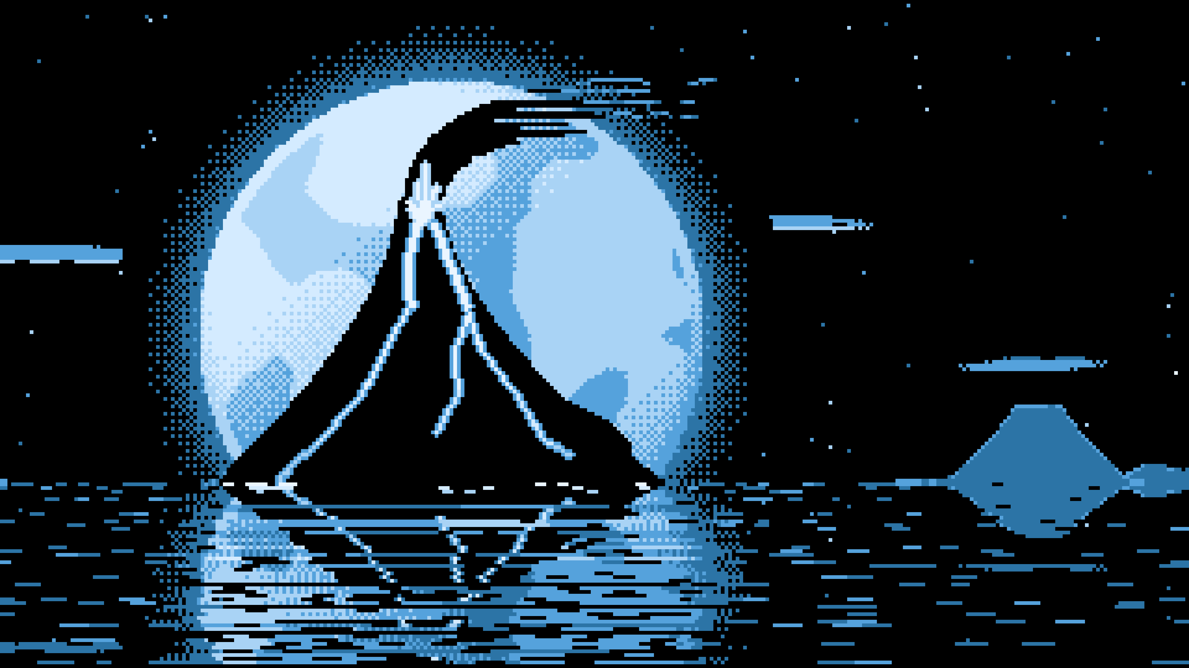 Light Blue Pixel Art Volcano and Full Moon desktop wallpaper in 4K