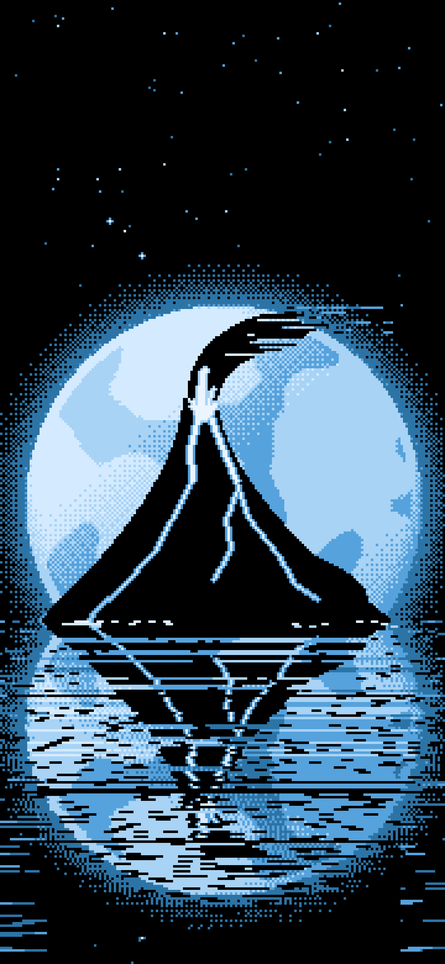 Light Blue Pixel Art Volcano and Full Moon wallpaper for iPhone and Android