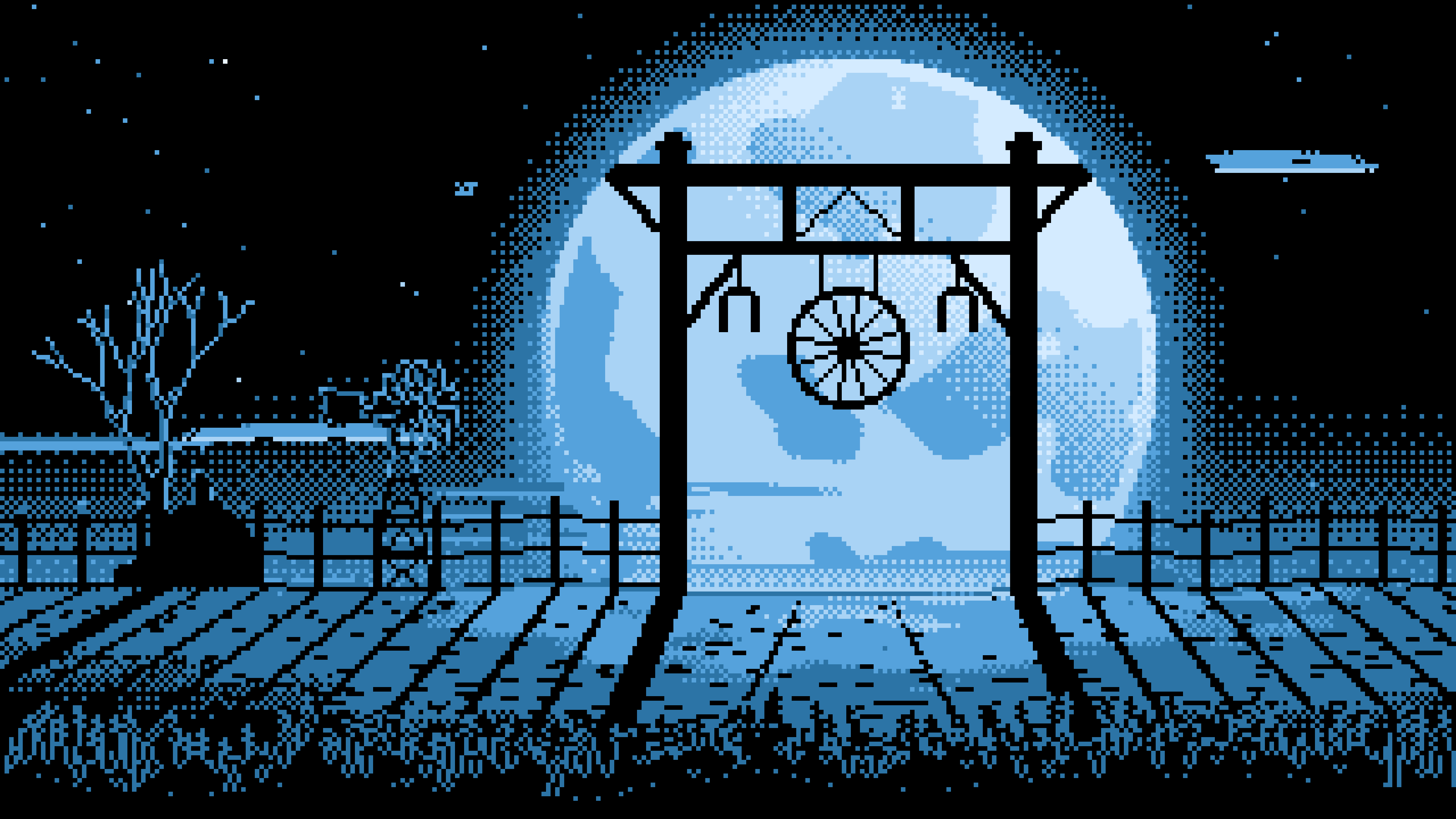 Light Blue Pixel Art Western Ranch Gate desktop wallpaper in 4K