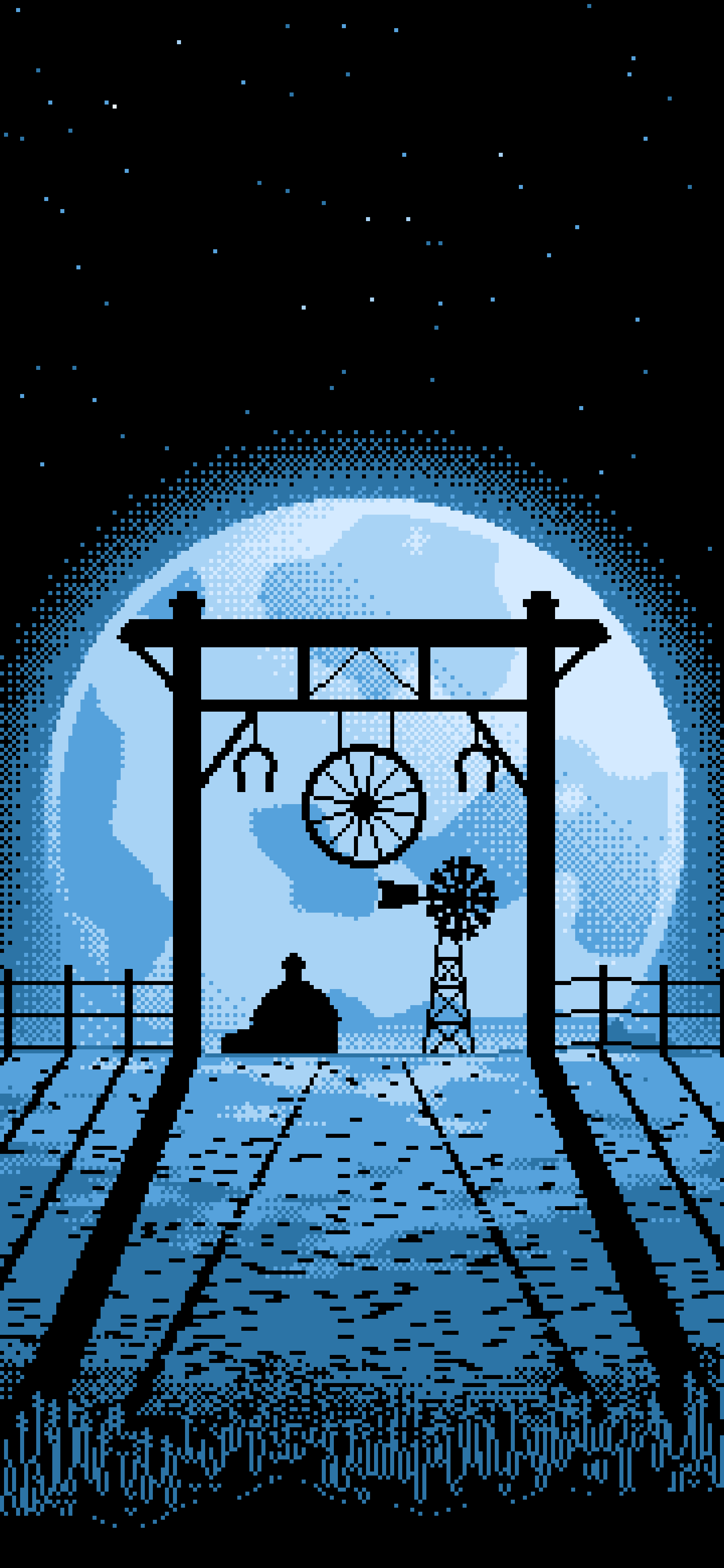 Light Blue Pixel Art Western Ranch Gate wallpaper for iPhone and Android