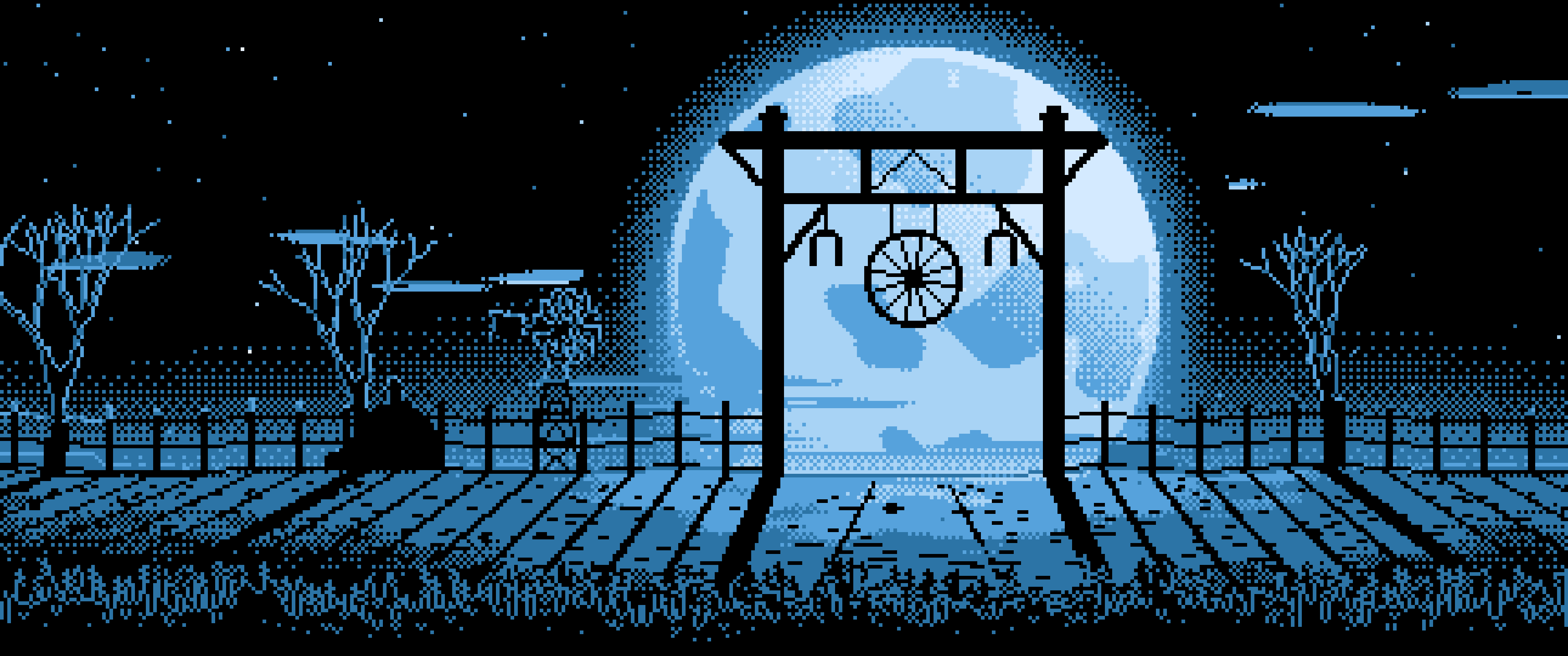 Light Blue Pixel Art Western Ranch Gate ultrawide wallpaper, 3440 × 1440