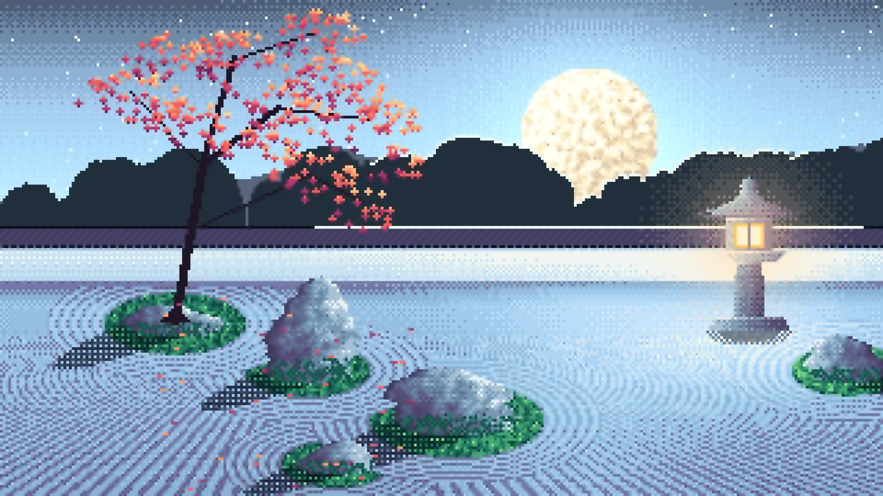 Light Blue Pixel Art Zen Garden and Moon desktop wallpaper in 4K