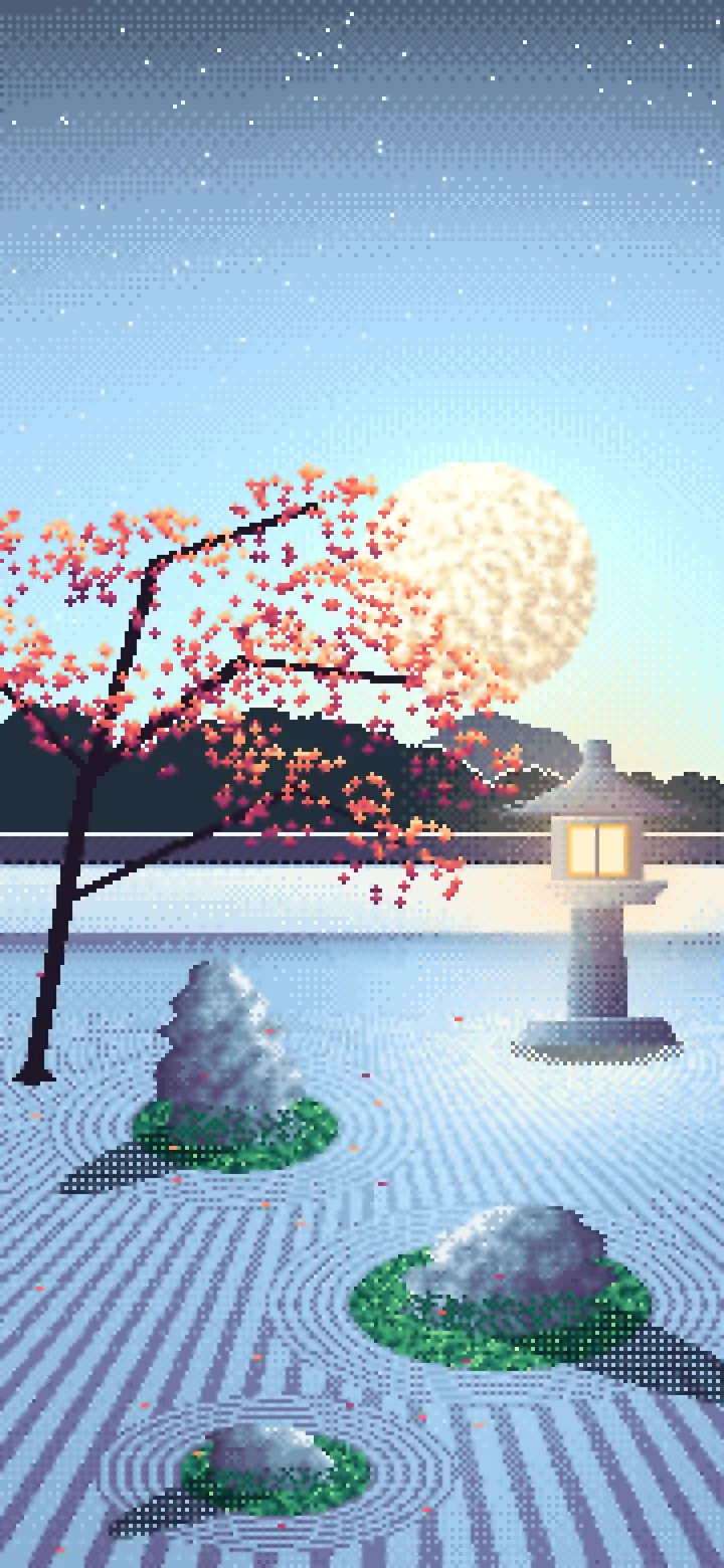 Light Blue Pixel Art Zen Garden and Moon wallpaper for iPhone and Android