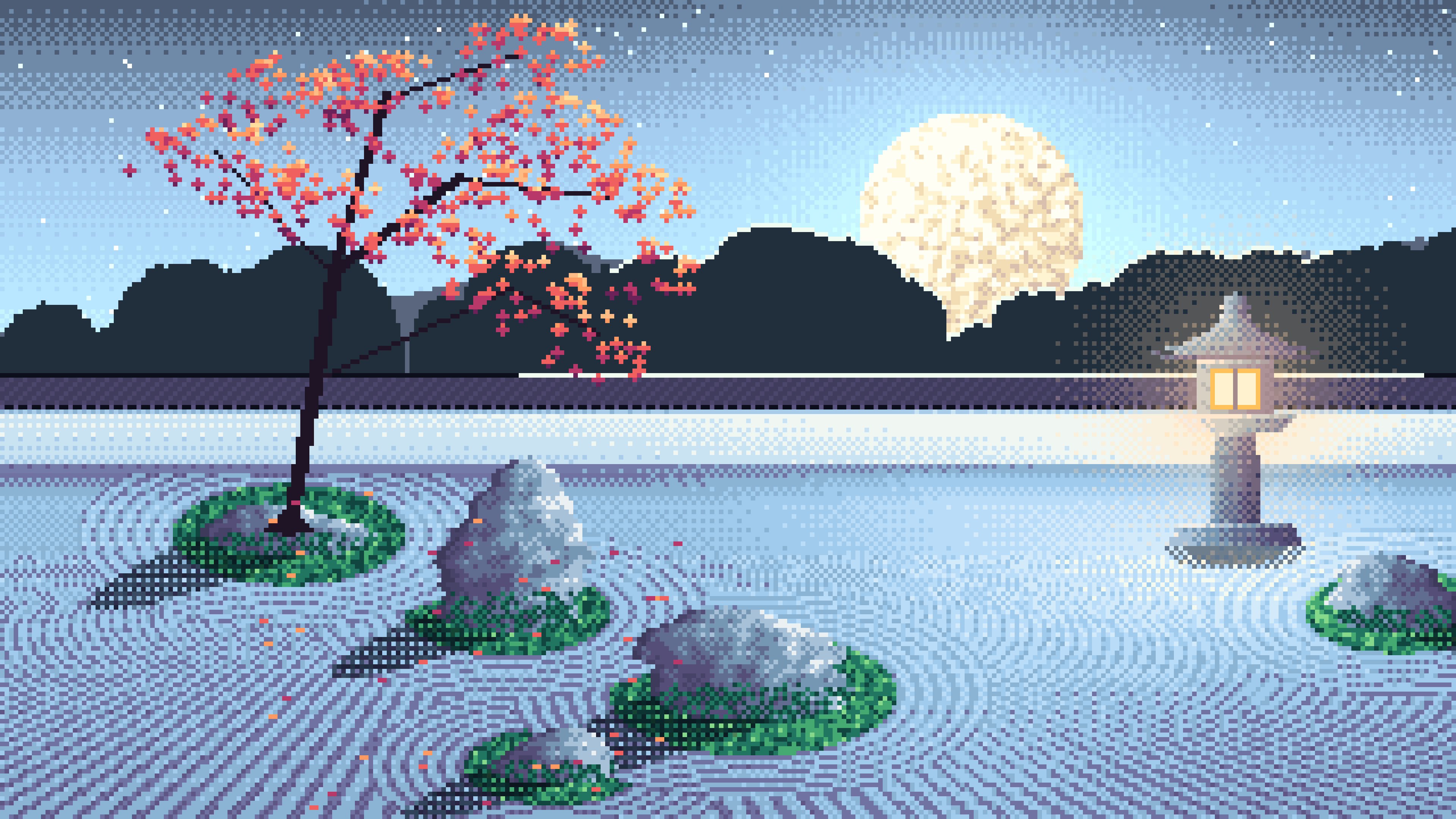Light Blue Pixel Art Zen Garden and Moon desktop wallpaper in 4K