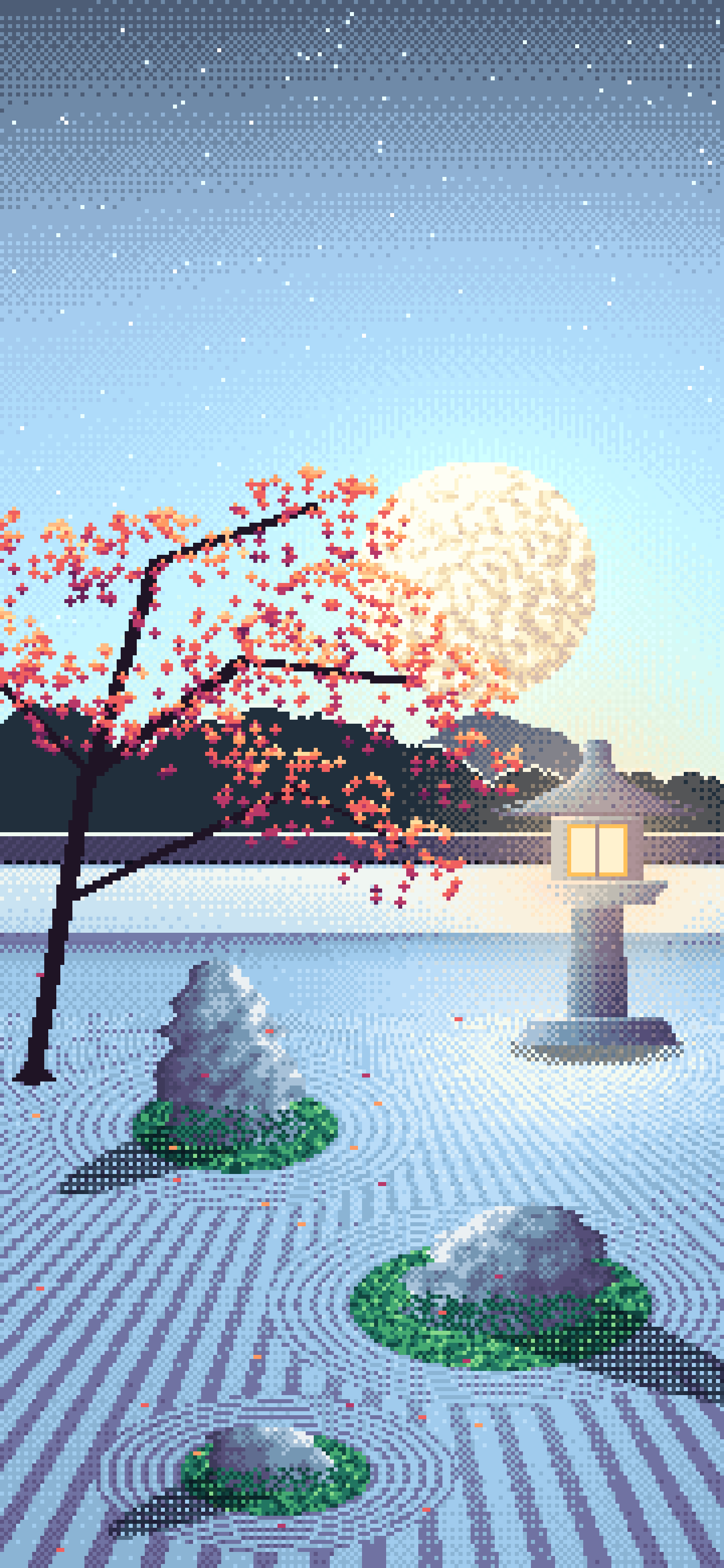 Light Blue Pixel Art Zen Garden and Moon wallpaper for iPhone and Android