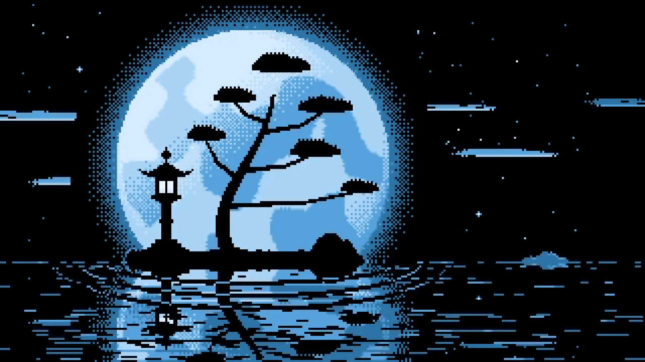 Light Blue Pixel Art Zen Stone Lantern and Full Moon desktop wallpaper in 4K