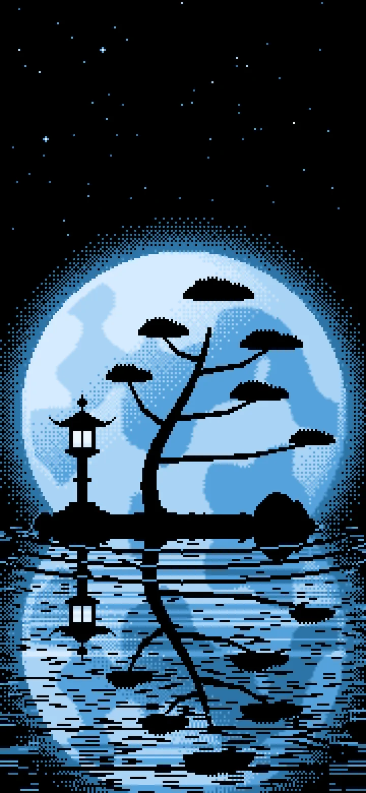 Light Blue Pixel Art Zen Stone Lantern and Full Moon wallpaper for iPhone and Android