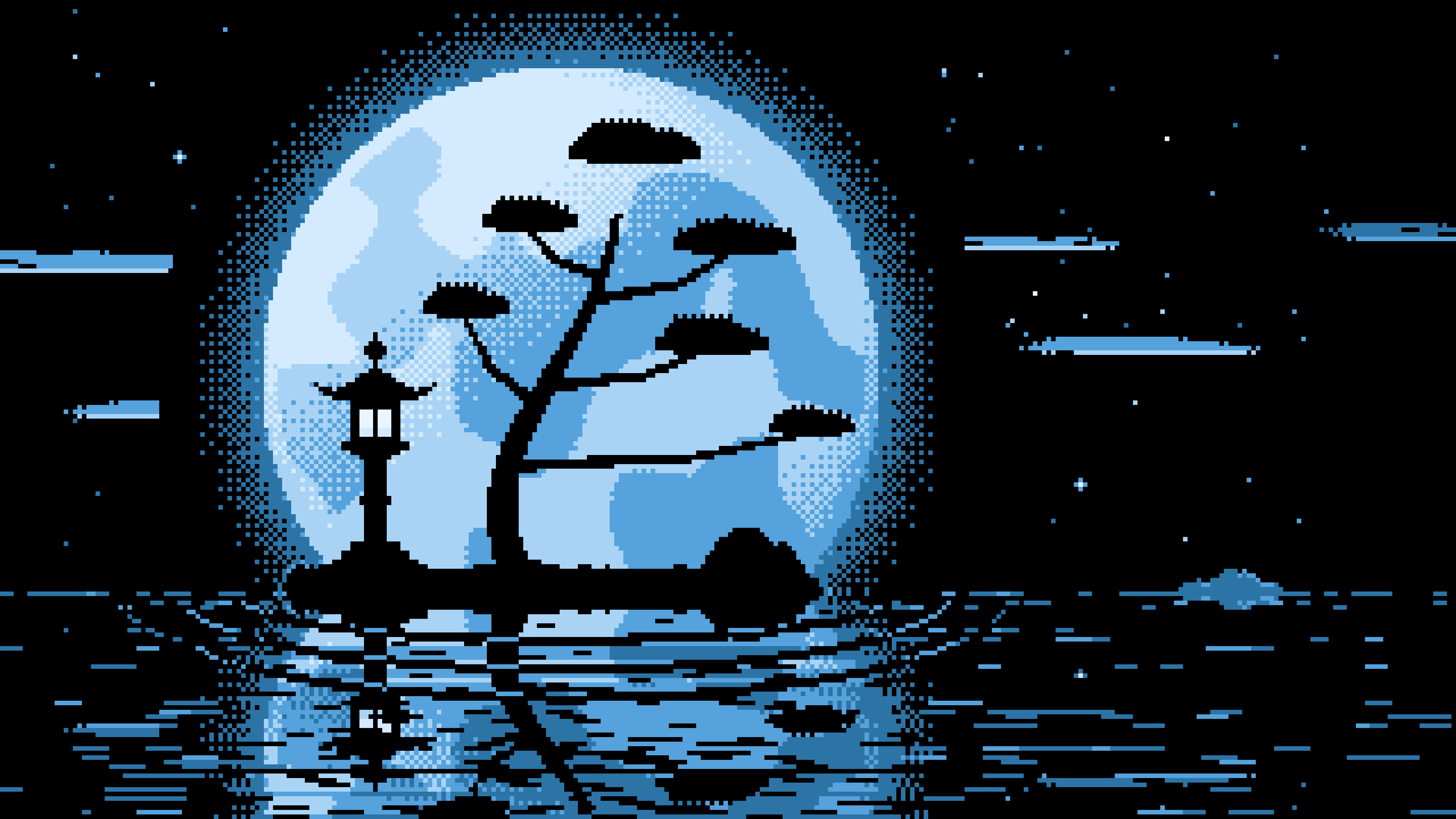 Light Blue Pixel Art Zen Stone Lantern and Full Moon desktop wallpaper in 4K
