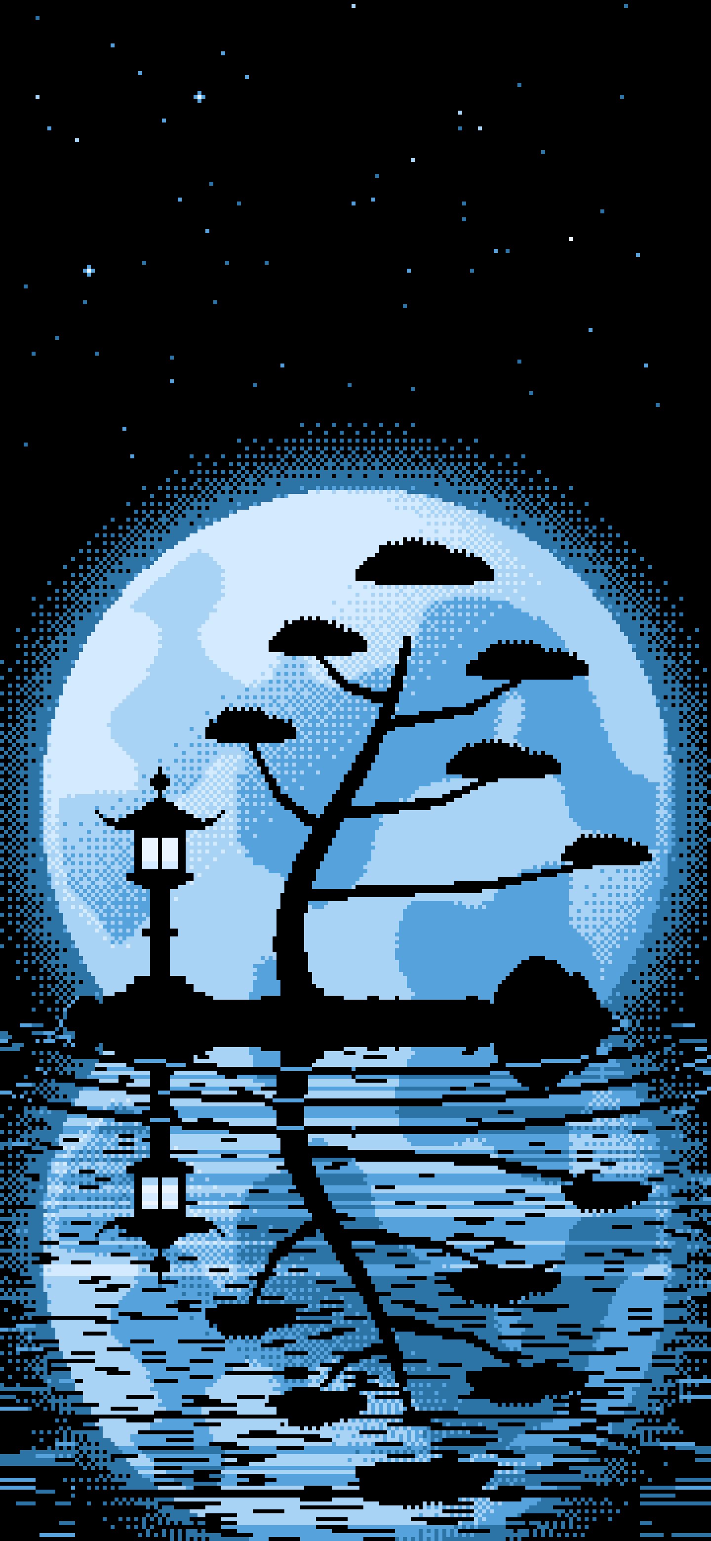 Light Blue Pixel Art Zen Stone Lantern and Full Moon wallpaper for iPhone and Android
