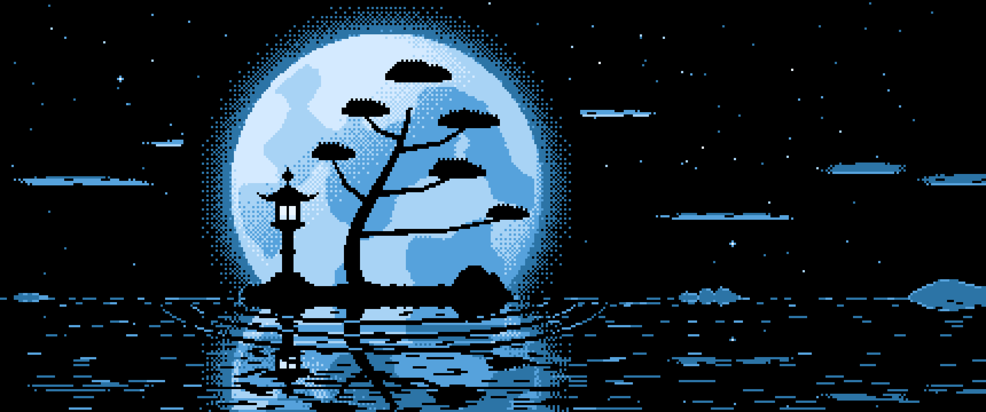 Light Blue Pixel Art Zen Stone Lantern and Full Moon ultrawide wallpaper, 3440 × 1440
