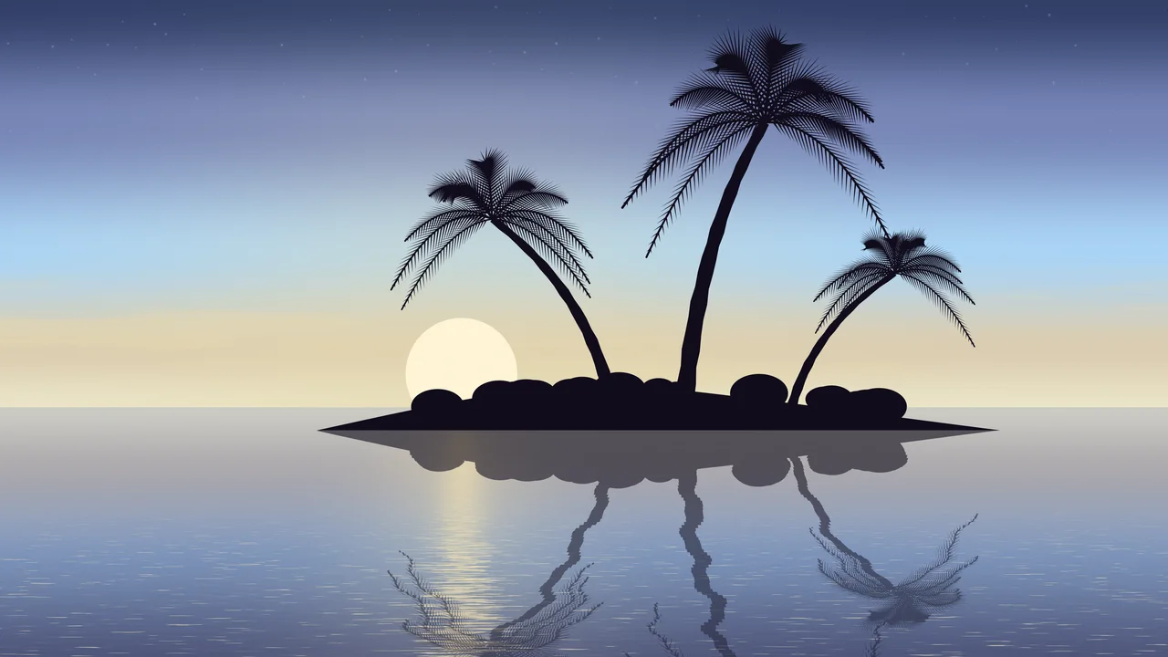 Light Blue Tropical Island Sunset desktop wallpaper in 4K