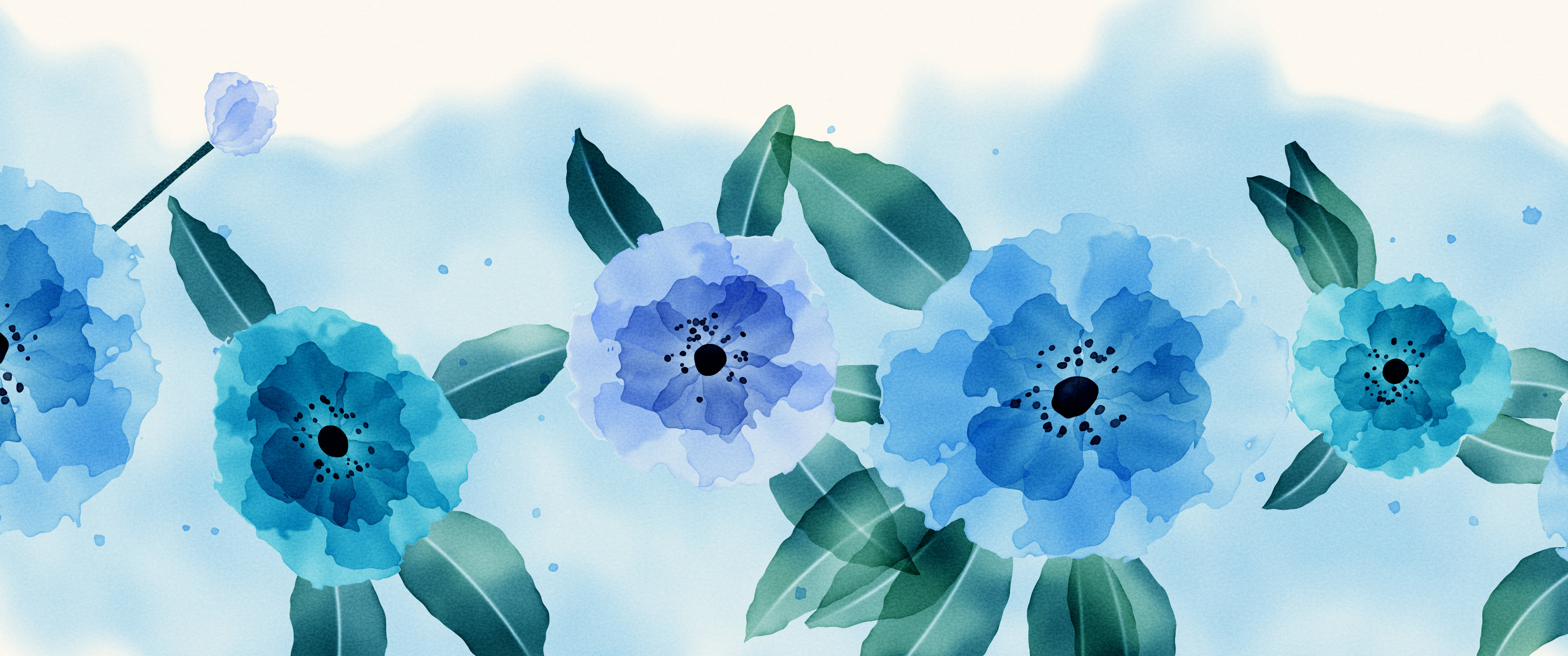 Light Blue Watercolor Flowers ultrawide wallpaper, 3440 × 1440