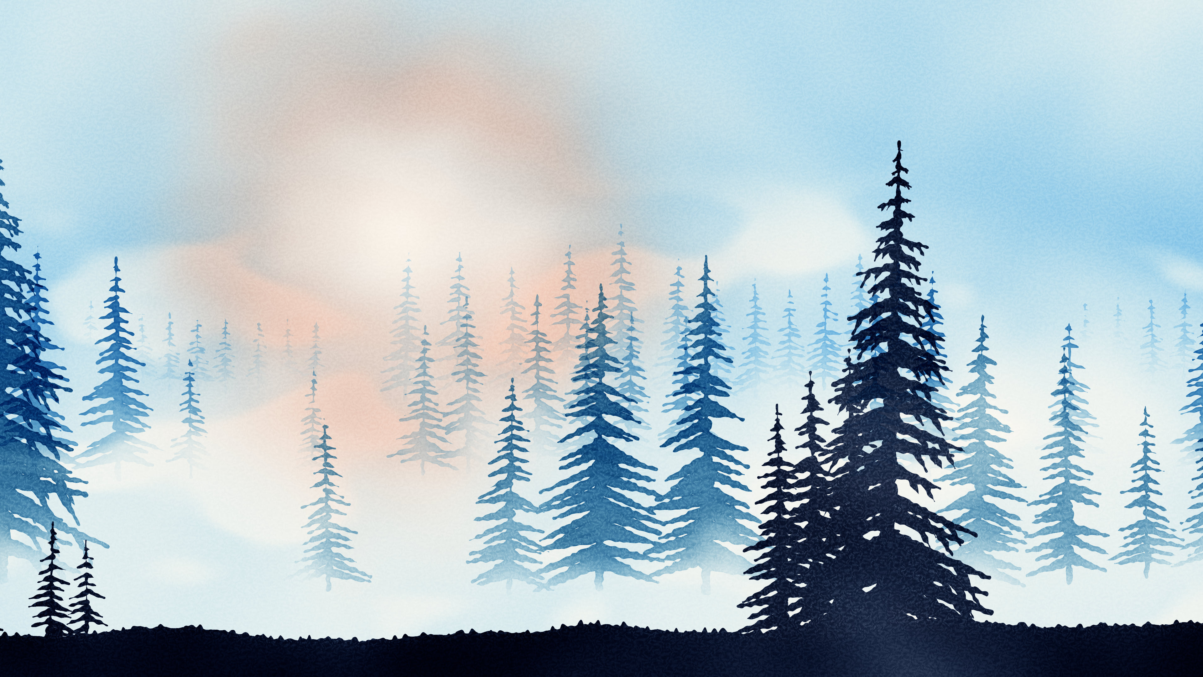 Light Blue Watercolor Misty Forest desktop wallpaper in 4K