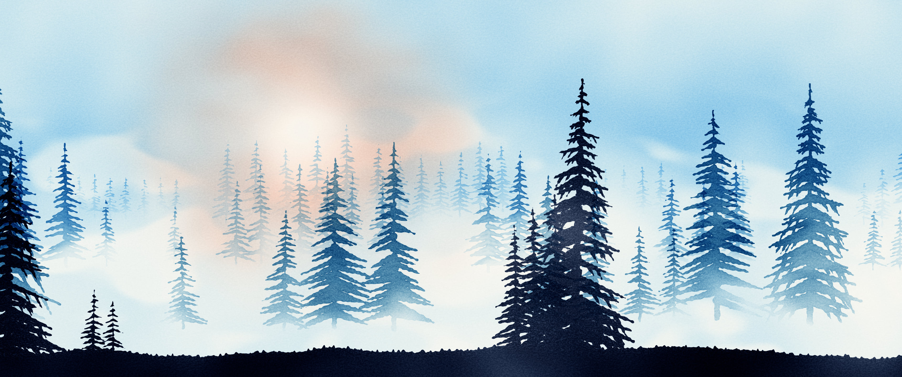 Light Blue Watercolor Misty Forest ultrawide wallpaper, 3440 × 1440