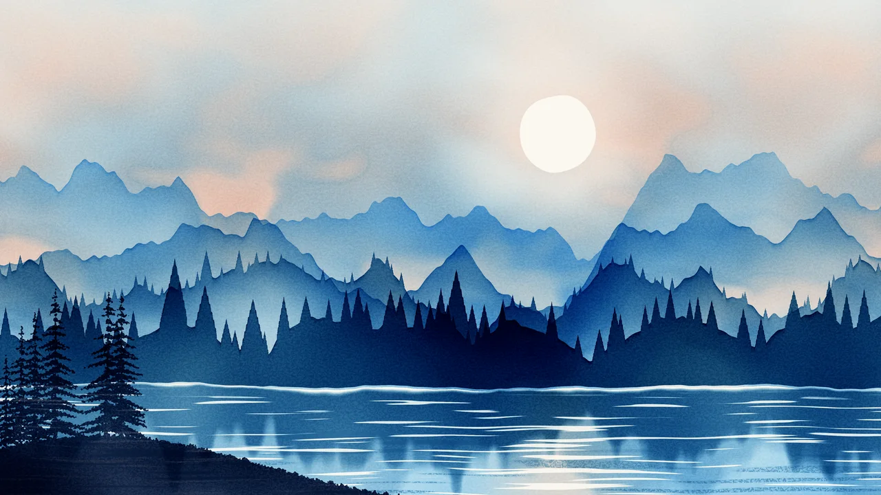 Light Blue Watercolor Mountain Landscape desktop wallpaper in 4K